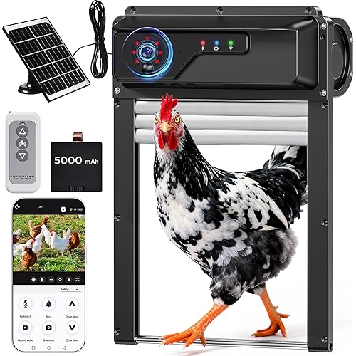 Automatic Chicken Coop Door with HD1080P Camera，Electric Auto WiFi Solar Chicken Coop Door Opener with Timer,Remote Control, APP Control, 5000mA Battery, Night Vision, Alarm Drive,Roll-up Gate