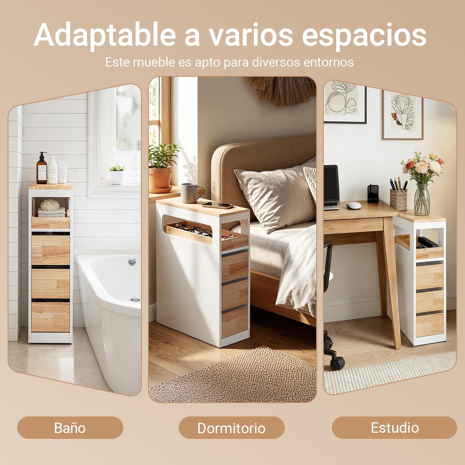 SoBuy Mueble Baño Estrecho con Ruedas y 3 Cajones 65x23x82cm | Cajonera Baño para Rincones y Huecos Pequeños para Familias y Hogares, Mueble Almacenaje, Blanco y Madera BZR54-III-WN
