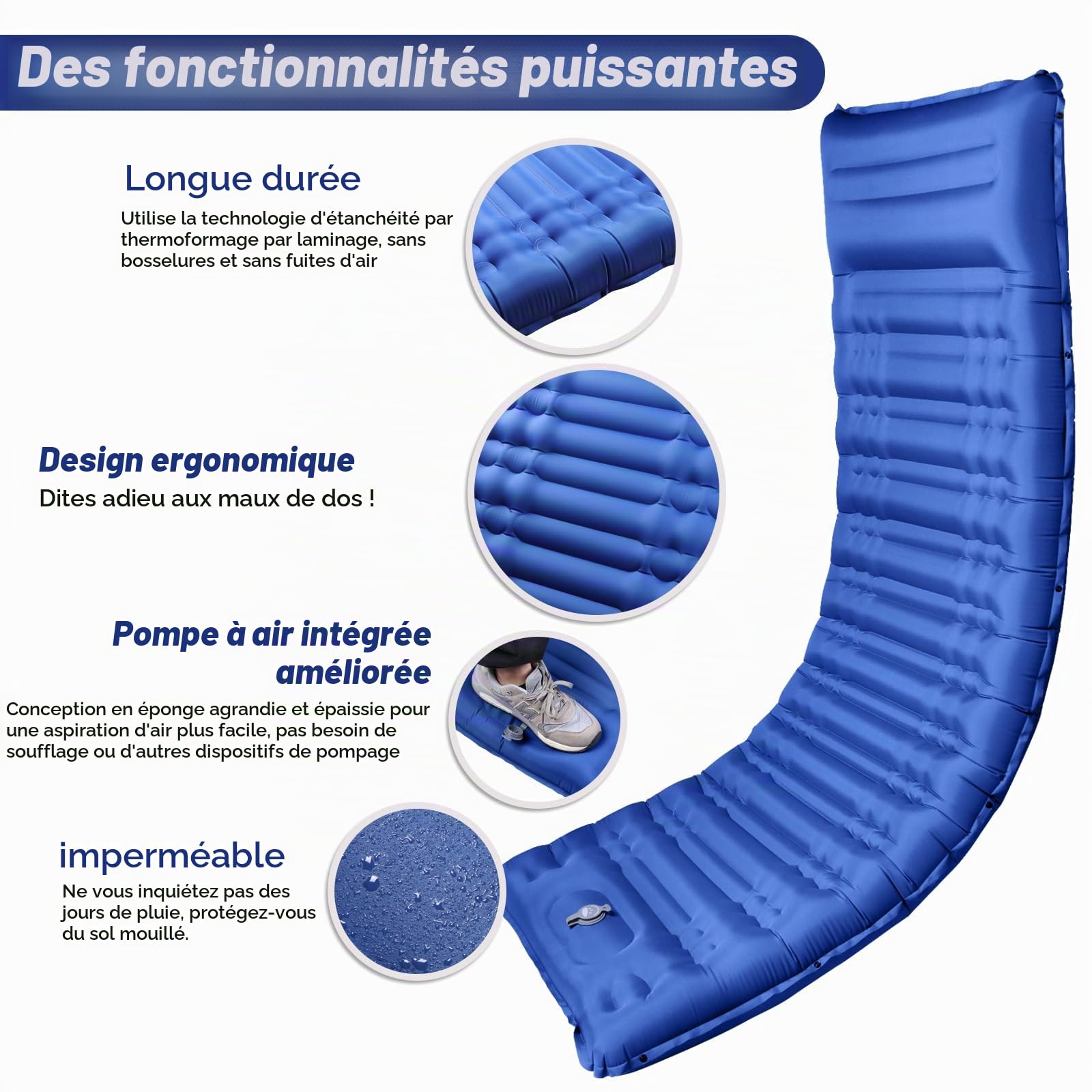 Matelas Gonflable Autogonflant avec Oreiller Étanche Portable pour Voyage, Plage, Tente, Sac de Couchage - Bleu