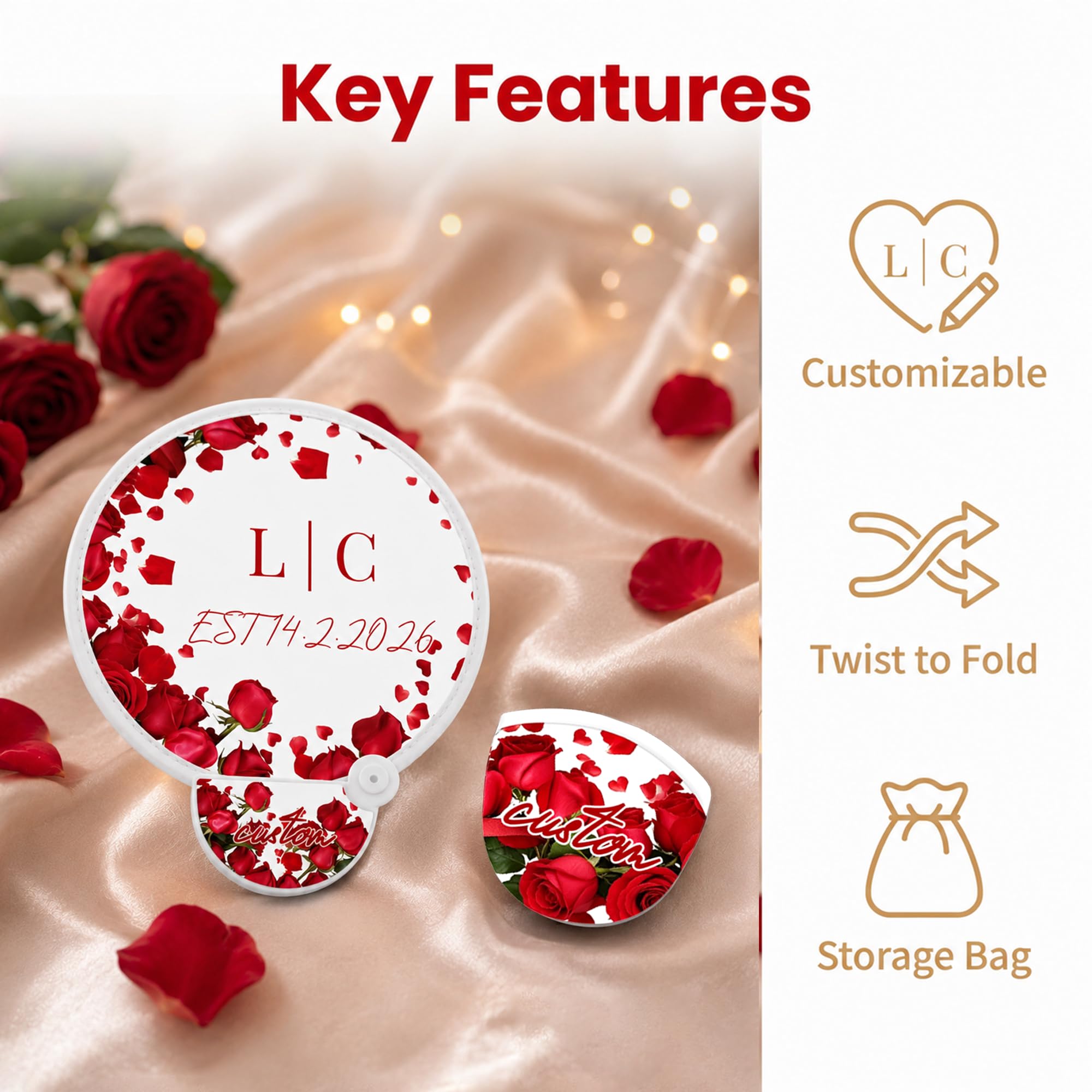50 Piezas Abanicos Redondos Plegables Personalizados, Portátil Abanico Personalizado para Boda con Foto y Texto, Detalles de Boda para Invitados, Regalo en Eventos al Aire Libre y Fiestas