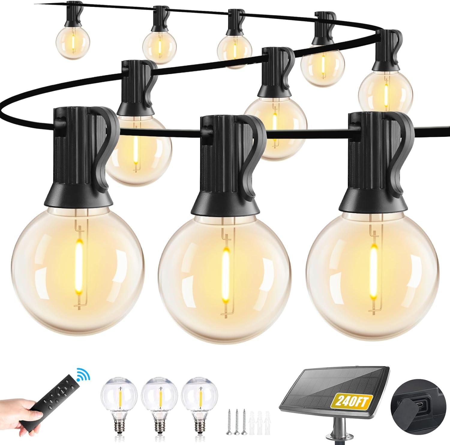 Yusist 120FT Solar String Lights Outdoor Waterproof with Remote, G40 Solar Powered String Lights with 40+2 LED Shatterproof Bulbs, Dimmable Solar Patio Hanging Lights for Outside Backyard Party