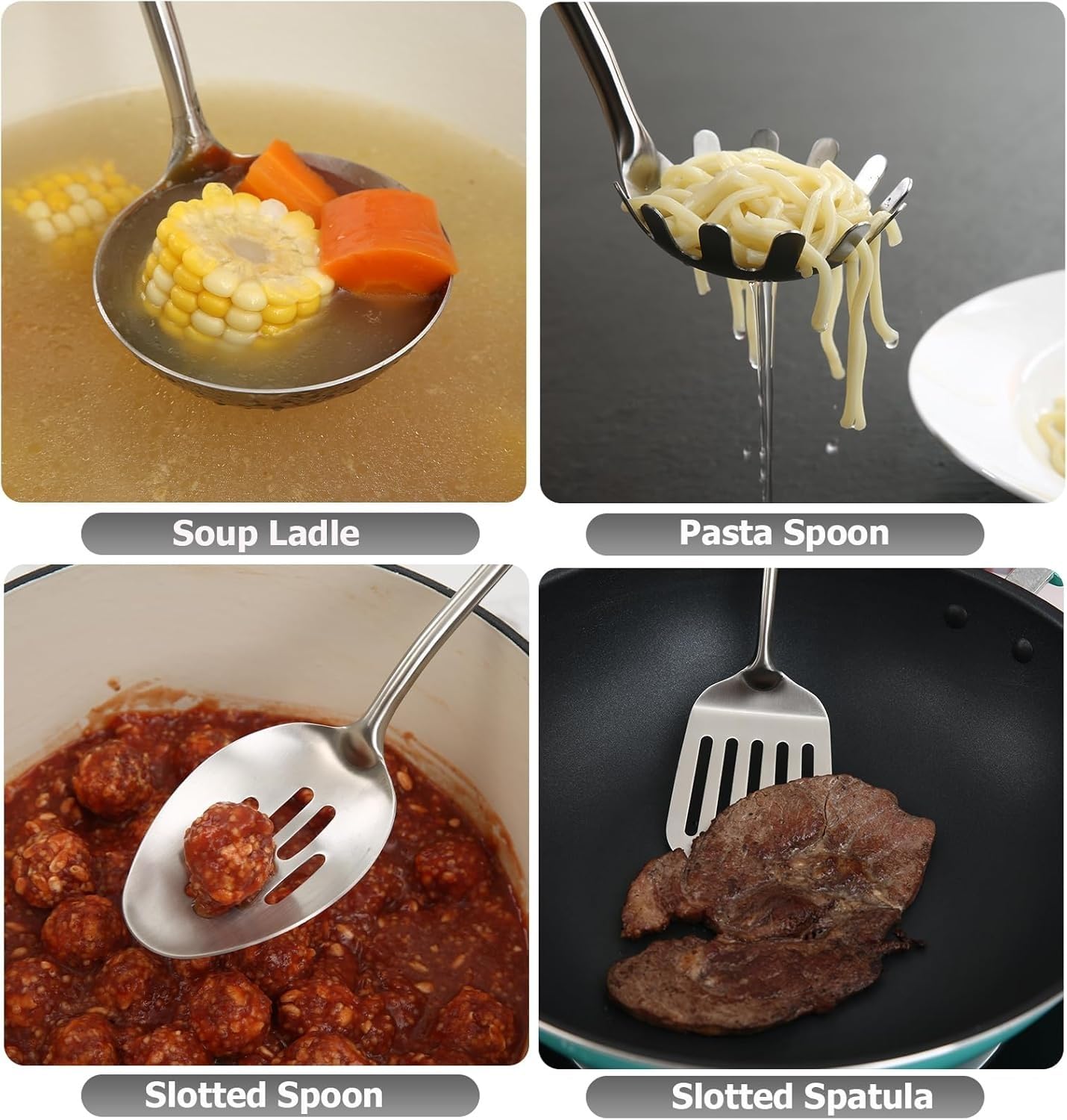 Juego de utensilios de cocina, utensilios de cocina de acero inoxidable 304 con mango de madera, juego de 4 utensilios de cocina de acero inoxidable, espátula ranurada, pasta, cuchara, cucharón de