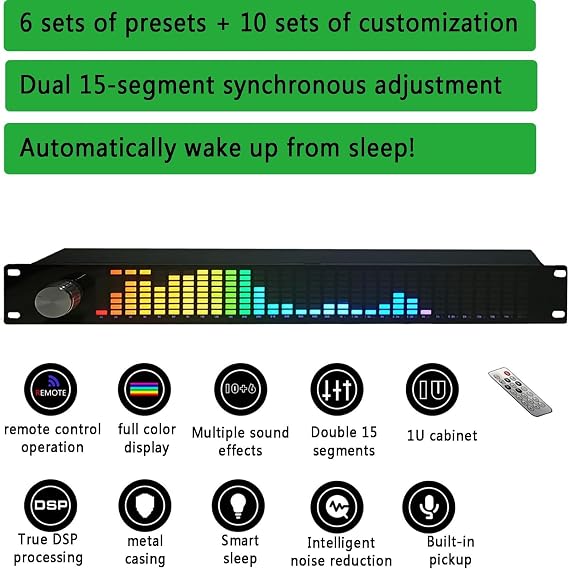 Audio Spectrum Analyzer, 31-Band Music Display, Dual 15-Segment Adjustment, Rack Mount, Independent Gain Control, Automatic Noise Reduction for Stage KTV Bar