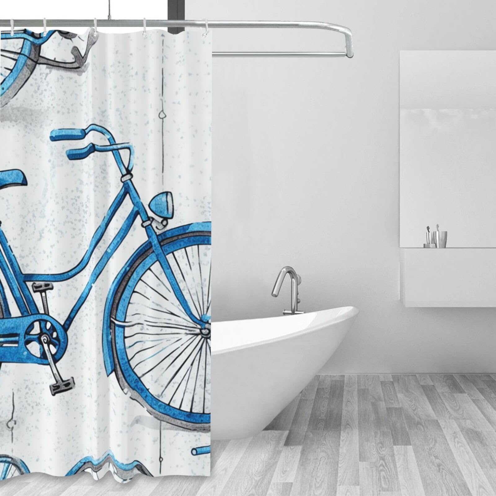 Rideau de douche imperméable tissu anti-moisissure motif vélo bleu 12 crochets
