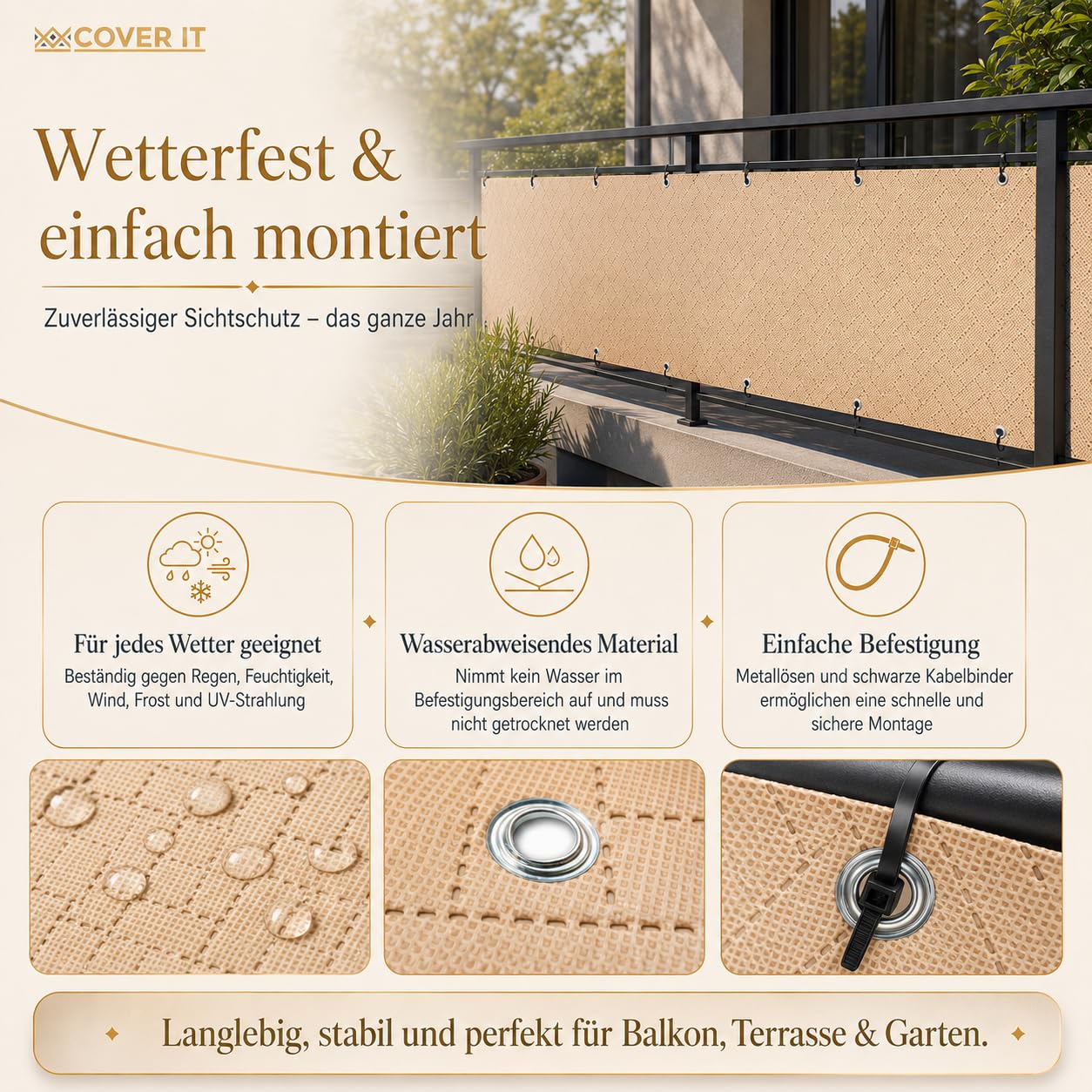 COVER IT Balkon Sichtschutz Premium 240g/m2 nach Maß 115 cm Beige