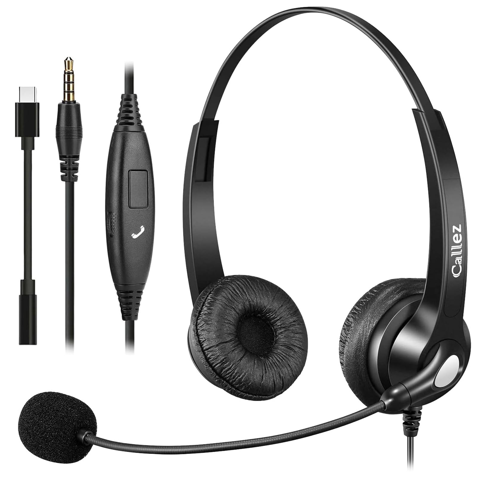 Callez Casque 3,5mm pour PC Téléphone Portable, Oreillette USB-C Filaire avec Micro Anti-Bruit pour iPhone Ordinateur Télétravail Visioconférence Zoom Centre d'Appels, Contrôle en Ligne, Chat Claire