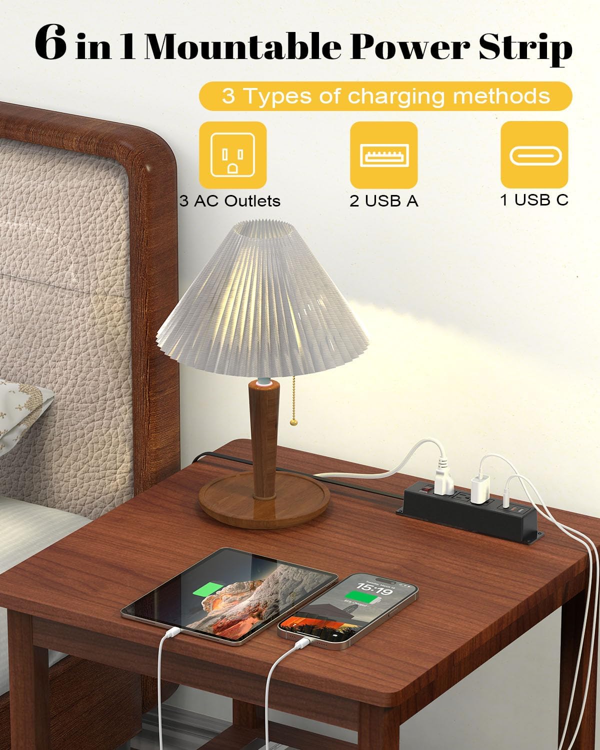Image illustrating the power strip's multiple charging options (AC, USB-A, USB-C) on a nightstand, with a phone and tablet charging.