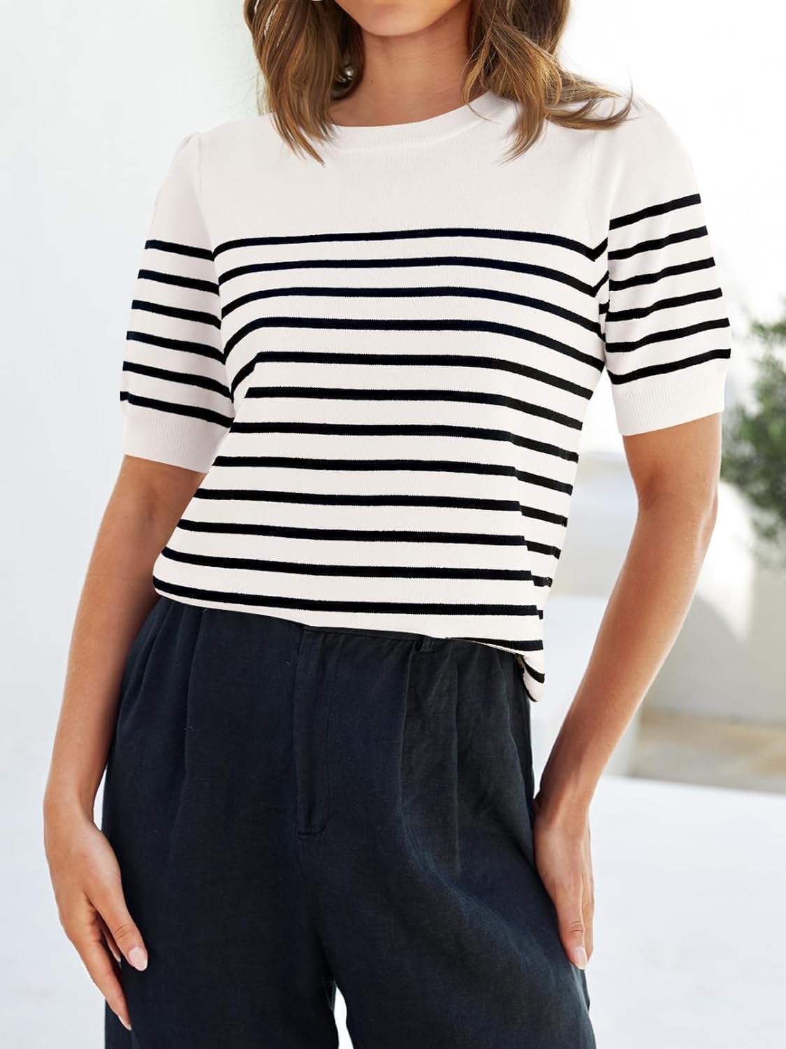 ZESICA Women's Casual Striped Tops Short Sleeve Crew Neck Ribbed Knit T Shirts Comfy Loose Basic Pullover Sweater - Image 6