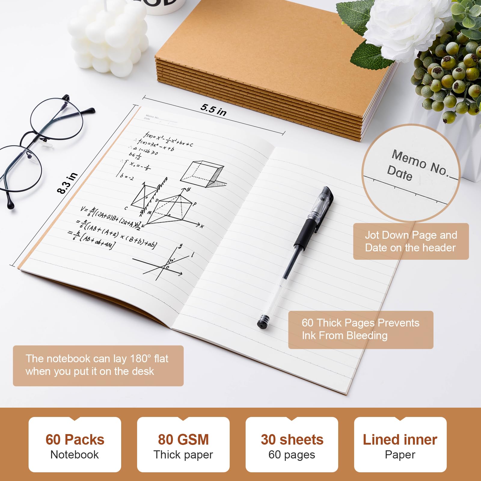 YGPHO Confezione da 60 quaderni a righe in carta kraft, formato A5, 80 g/m², 60 pagine/30 fogli A5, quaderni per argomenti, set per scrittura scolastica e ufficio