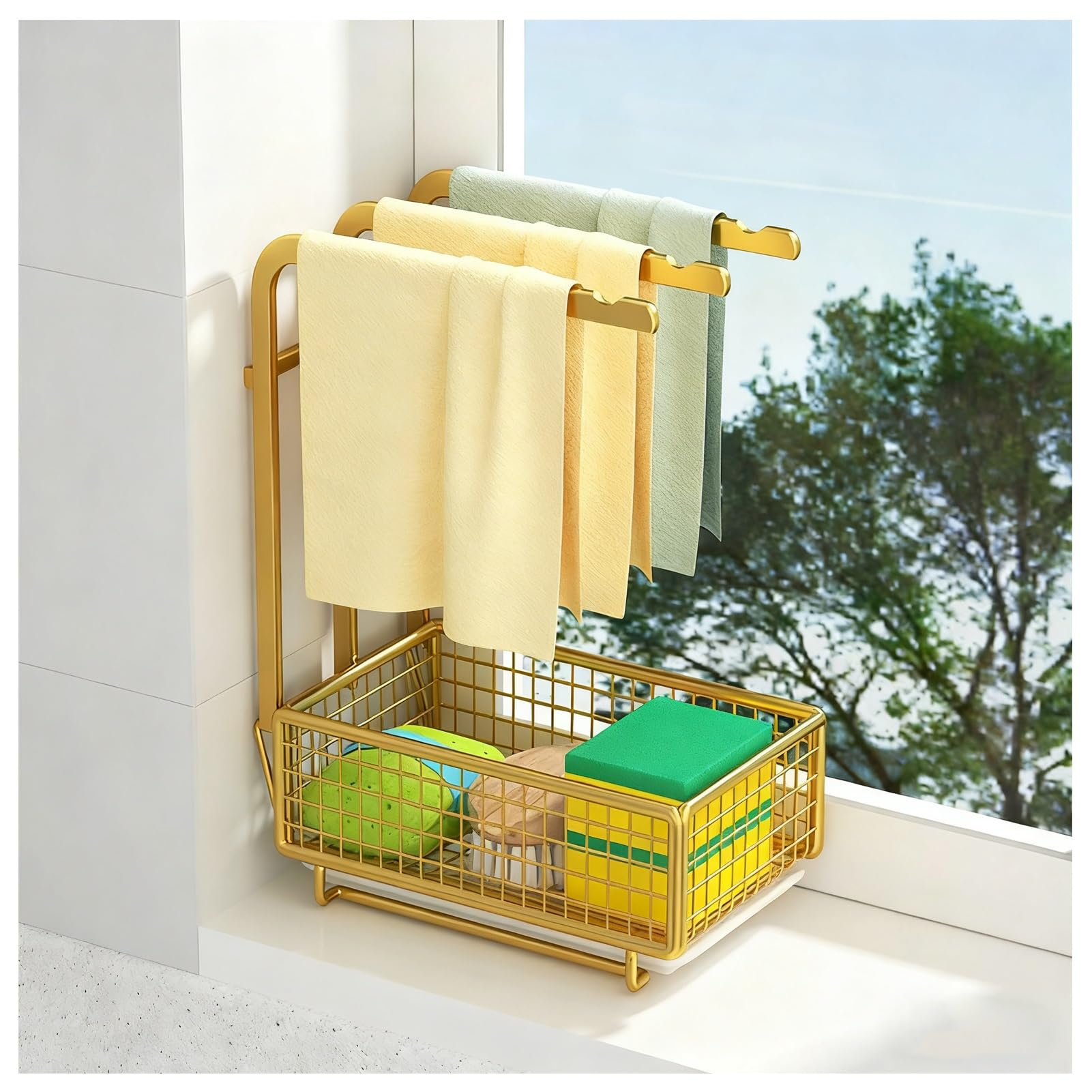 Selbstentleerender Spülbecken-Caddy Küche Geschirrtuchhalter & Schwammhalter Arbeitsplatte Organizer für Geschirr, Utensilien und Zubehör, weißer Abflusskorb für übersichtliche Räume