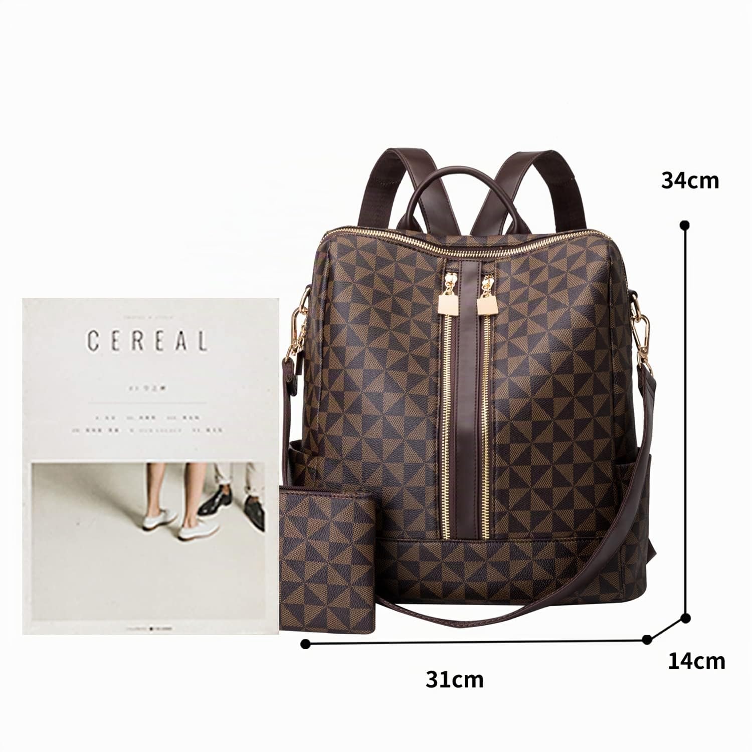 Sac à Dos PU Cuir Feminin Fille avec Portefeuille, Porté Dos Sac à Bandoulière Élégante Motif Losange à la Mode, Sac d'école Léger Multipocket Grande Capacité, Chic Sac pour Bureaux L'école et Voyage