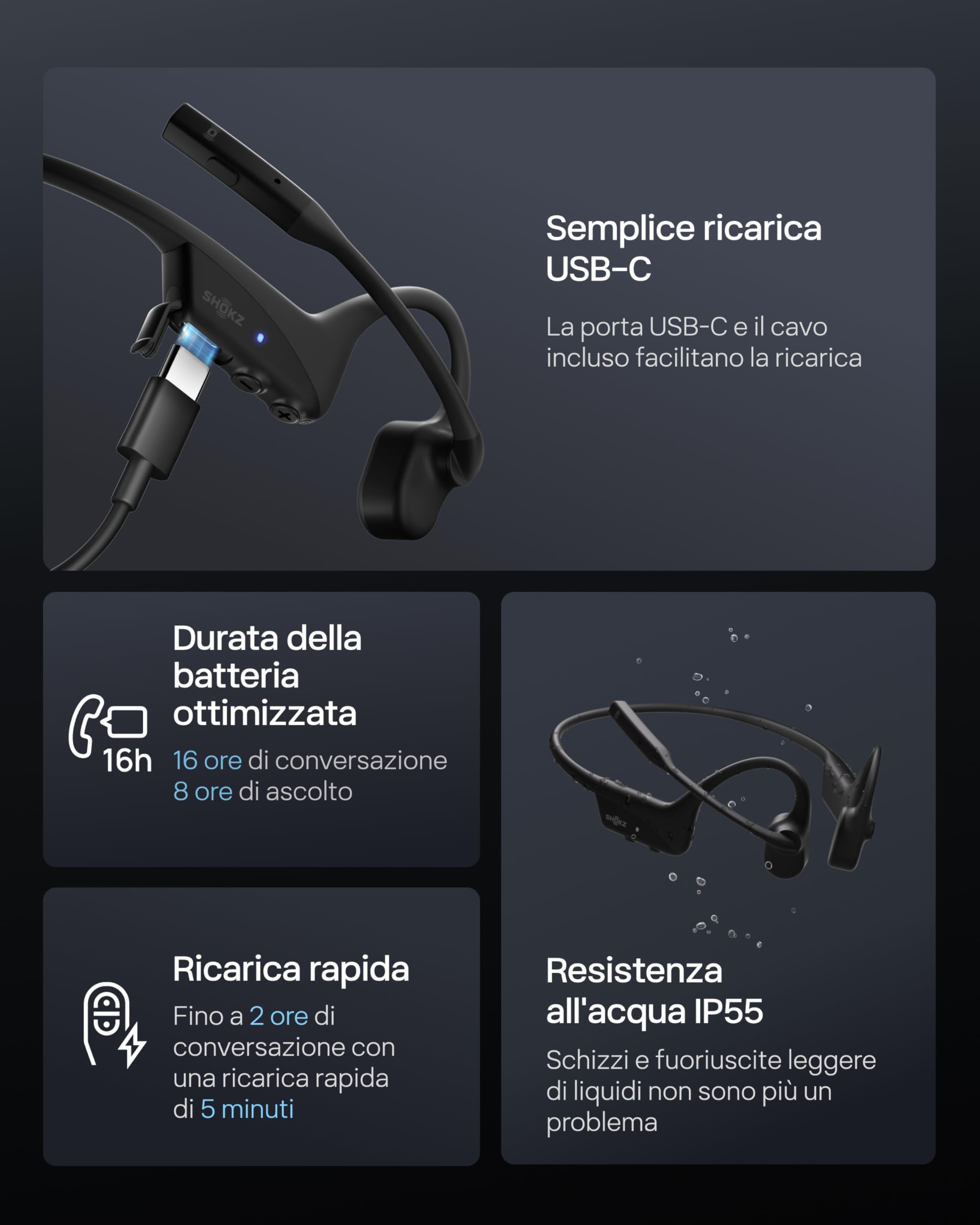 SHOKZ Auricolari OpenComm2 UC 2025 Upgrade a conduzione ossea con adattatore USB-C, auricolari Bluetooth open-ear per l'attenuazione del rumore, wireless, 16 ore di conversazione, Segnalibri, Nero