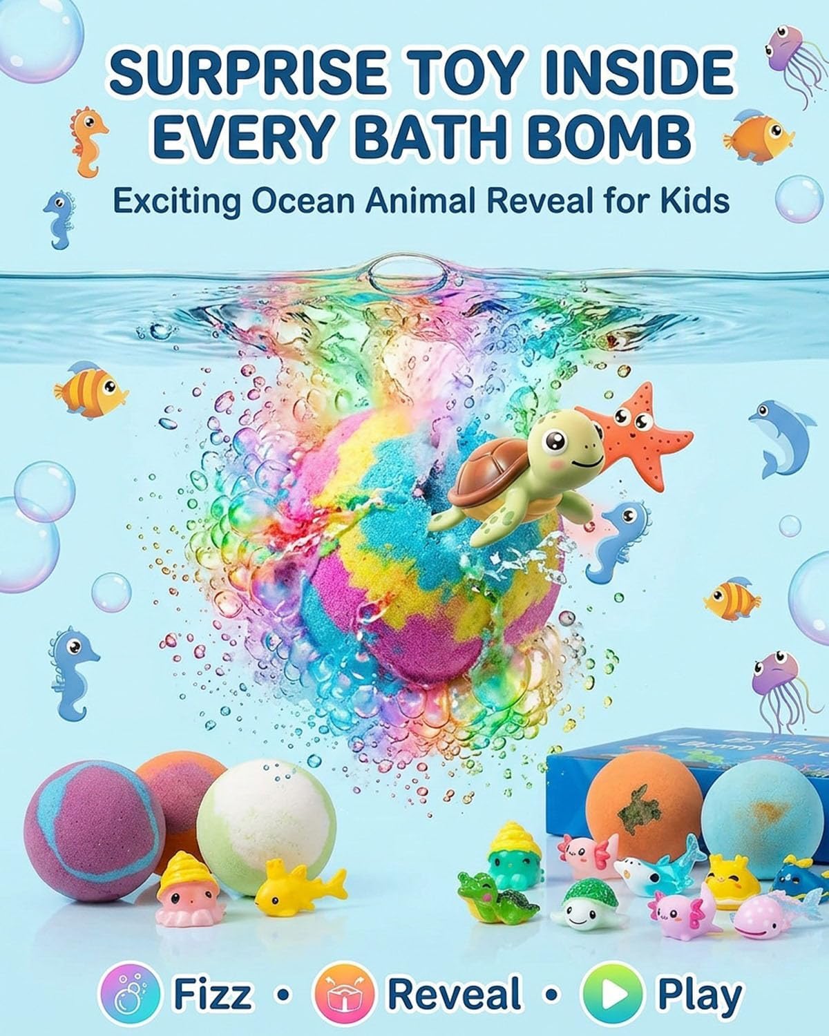 Bath Bombs with Surprise Toys Inside for Kids Gift 12 Pack Easter Egg Natural Rainbow Baths Bombs Ocean Theme Mega Foaming Bubbles Organic Essentials Shower Relaxing Kit for Girls Boys (1set)