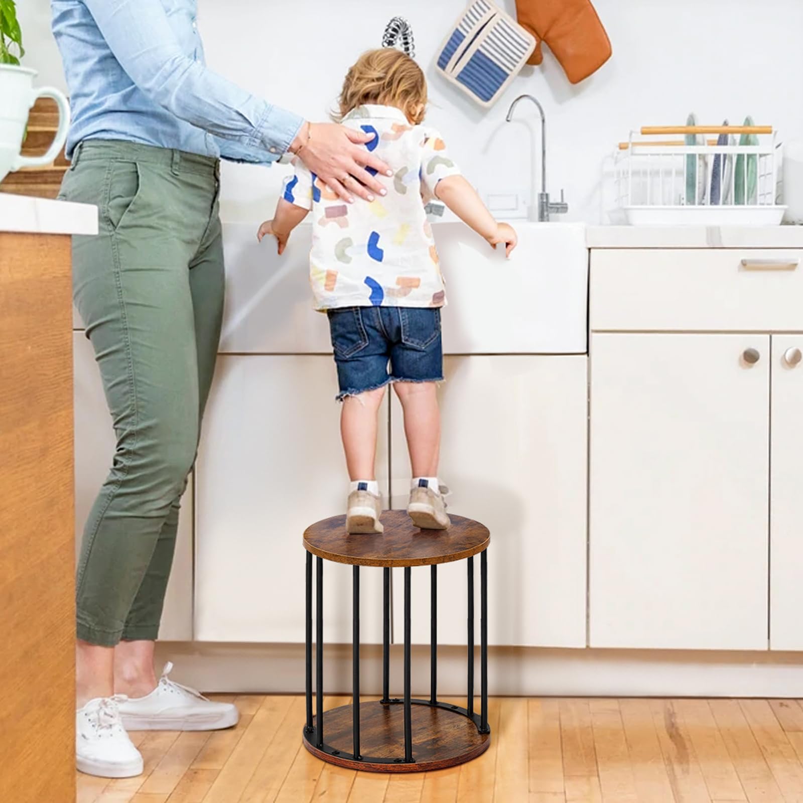 HDANI Runder Sitzhocker Kinder und Erwachsene,Tritthocker,Kleiner Pflanzenhocker,Fußhocker für Bad, Küche,Schlafzimmer,Büro,30×30×34.5cm,Holz Retro Braun,2er Set