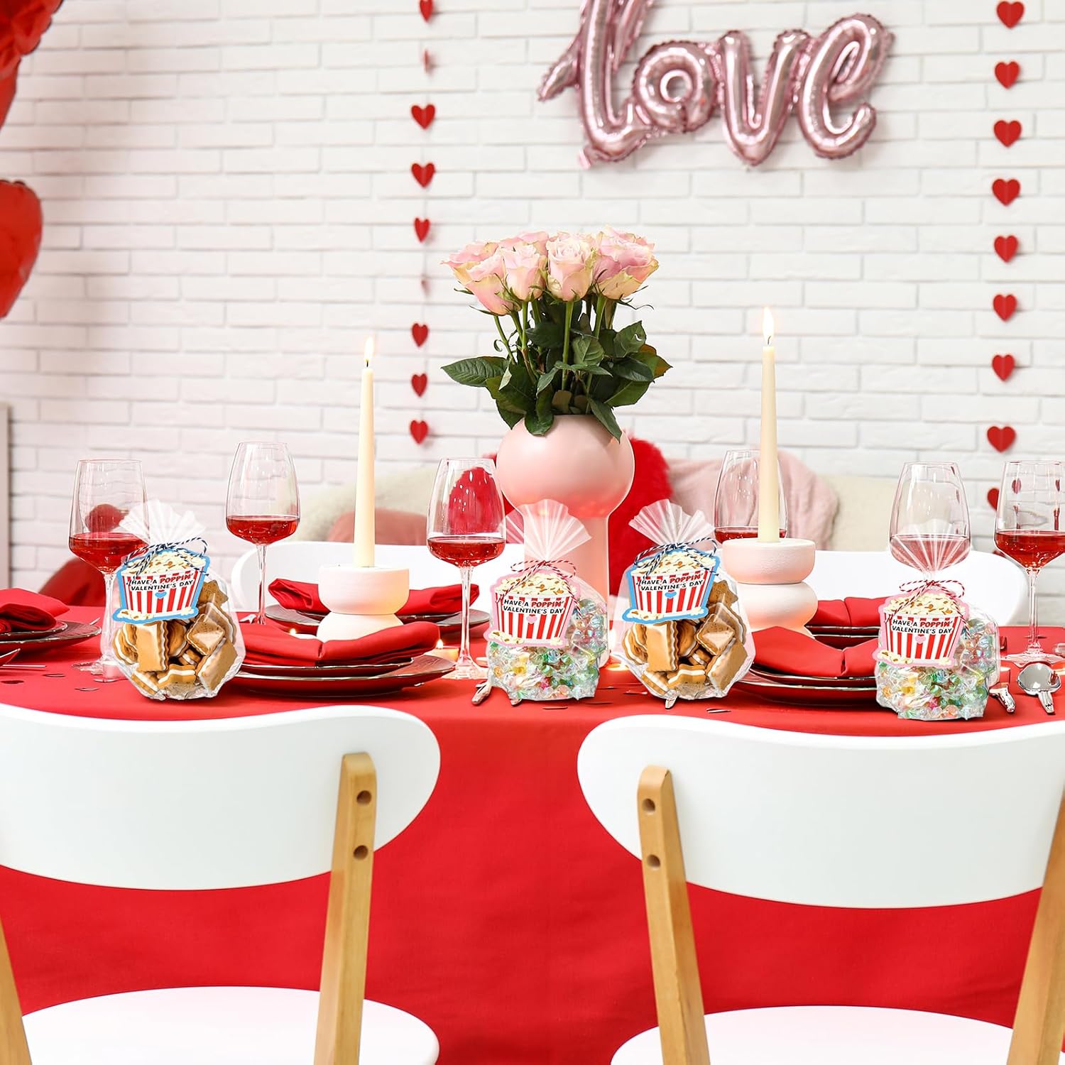 Tenceur 48 Pcs Valentine's Day Popcorn Tag Have a Poppin' Valentine's Day Gift Tags with OPP Bags and Ropes Valentines Labels Card for Popcorn Notecard Exchange Gift School Classroom Party Favors