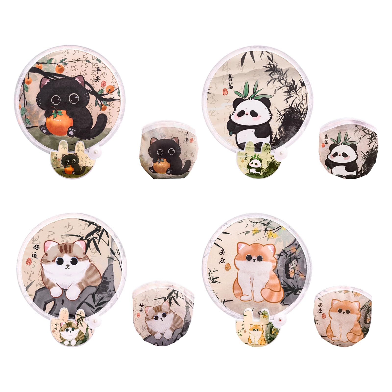 Qusinfc 4Pcs Round Foldable Hand Fan, Handheld Round Folding Fan Cats Handheld Fanned Foldable Cooling Fanned for Travel, Event Compact Cooling