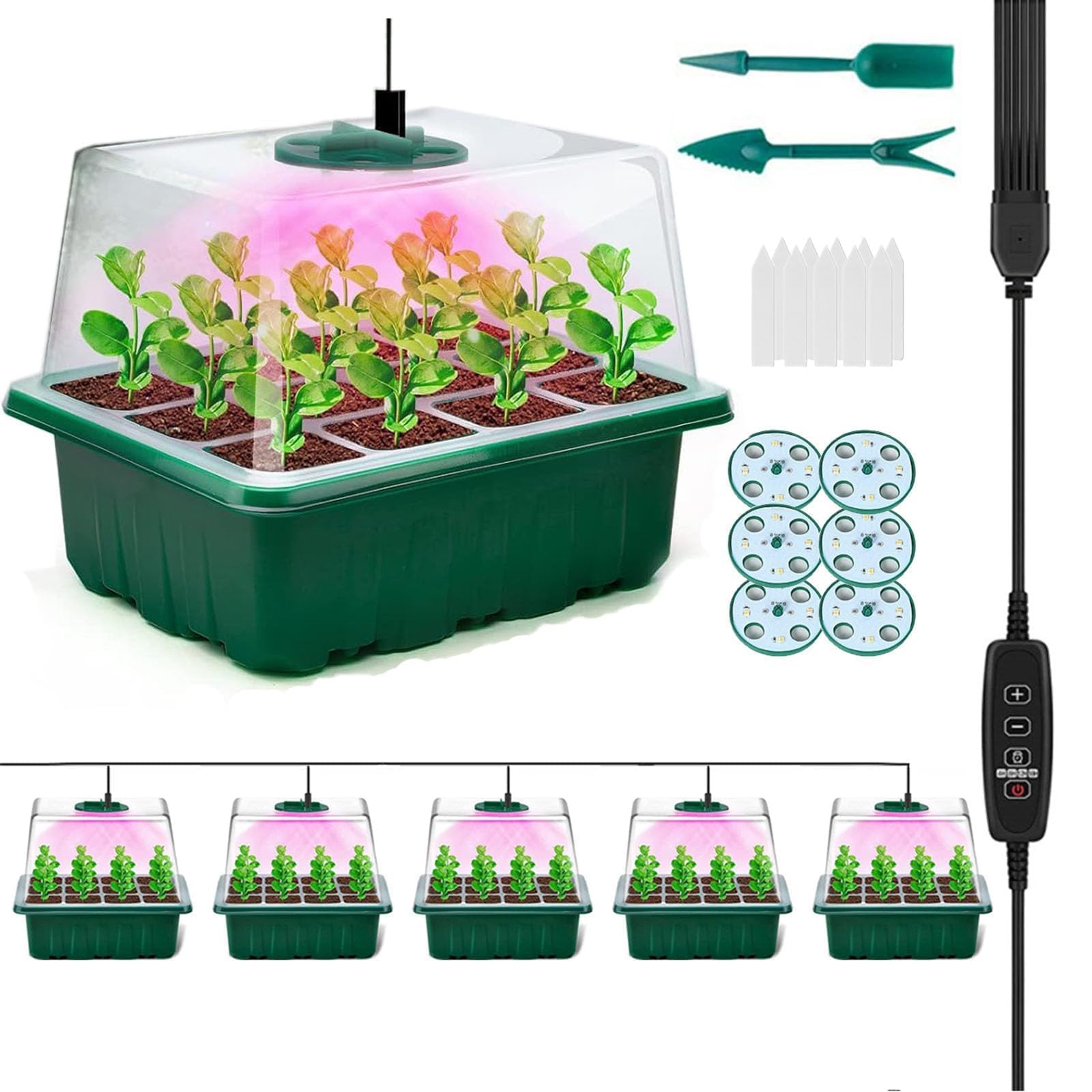 Mini Serre pour Semis avec Lumière de Croissance, 6 Pièces Bac à Semis avec Contrôleur de Minuterie Luminosité Réglable, Plateau de Culture pour Plantes Universel intérieur avec Couvercle Ventilé