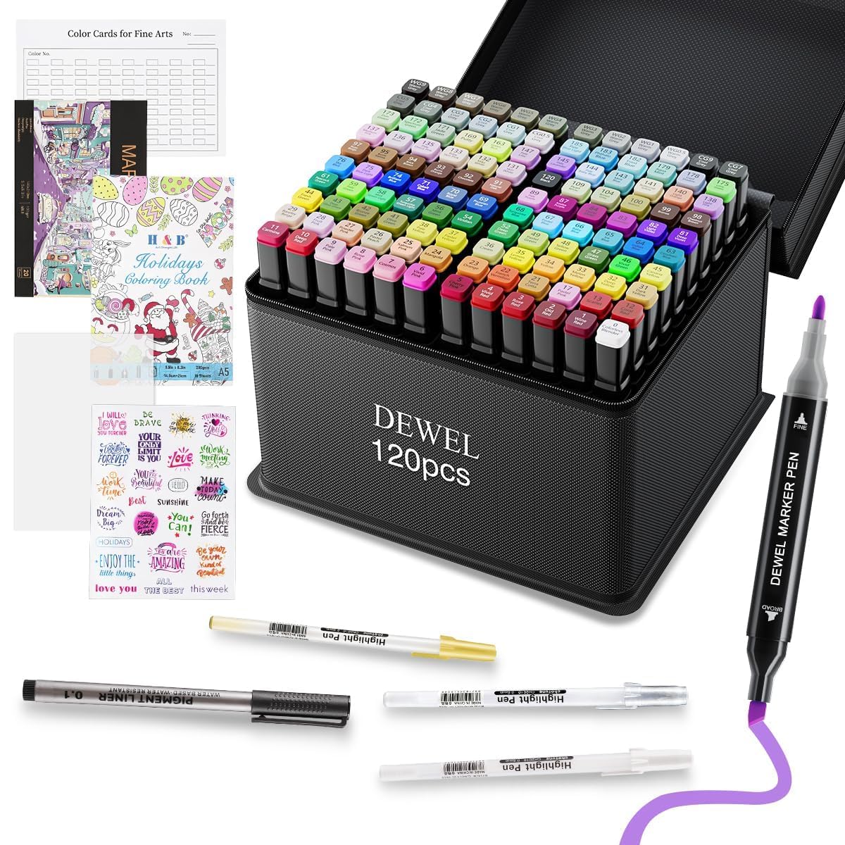 DEWEL 120 Farben Alkohol Marker Set - Doppelseitige Marker Filzstifte, Schnell Trocknende Marker - mit Skizzenbuch, Malbuch, Glitzerstifte und Fineliner - Ideal für Design, Malerei, Manga