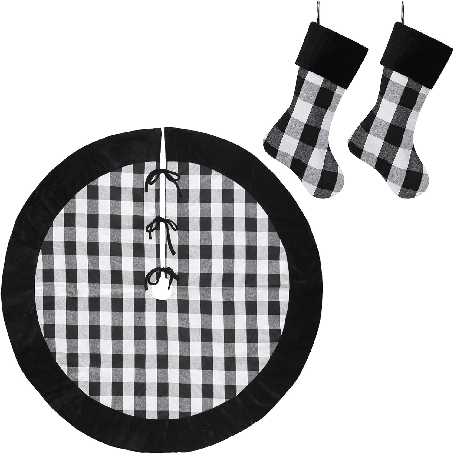 New Traditions Simplify Your Holiday Black and White Buffalo Check Plaid with Velour Cuff Christmas Decor (Stockings & Christmas Tree Skirt Bundle)