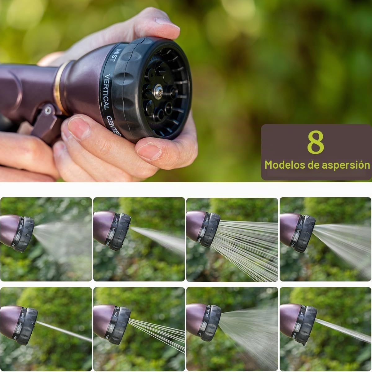 FANHAO Pistola Manguera Jardin 100% Metálica con 8 Patrones de Rociado Ajustables,Rociador de alta Presión con Agarre Antideslizante para Regar Plantas y el césped y Lavar Coches y Mascotas -Bronce
