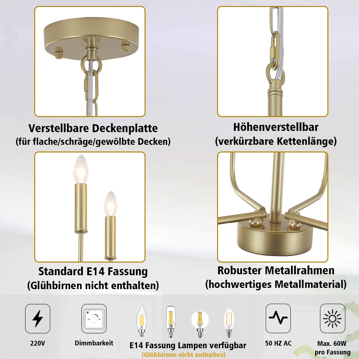 Kronleuchter Gold 4 Flamming Kronleuchter Modern Deckenleuchte Wohnzimmer | Deckenleuchte Kronleuchter Vinatge Pendelleuchte Modern Hängeleuchte für Esstisch Küche Schlafzimmer, Höhenverstellung, E14