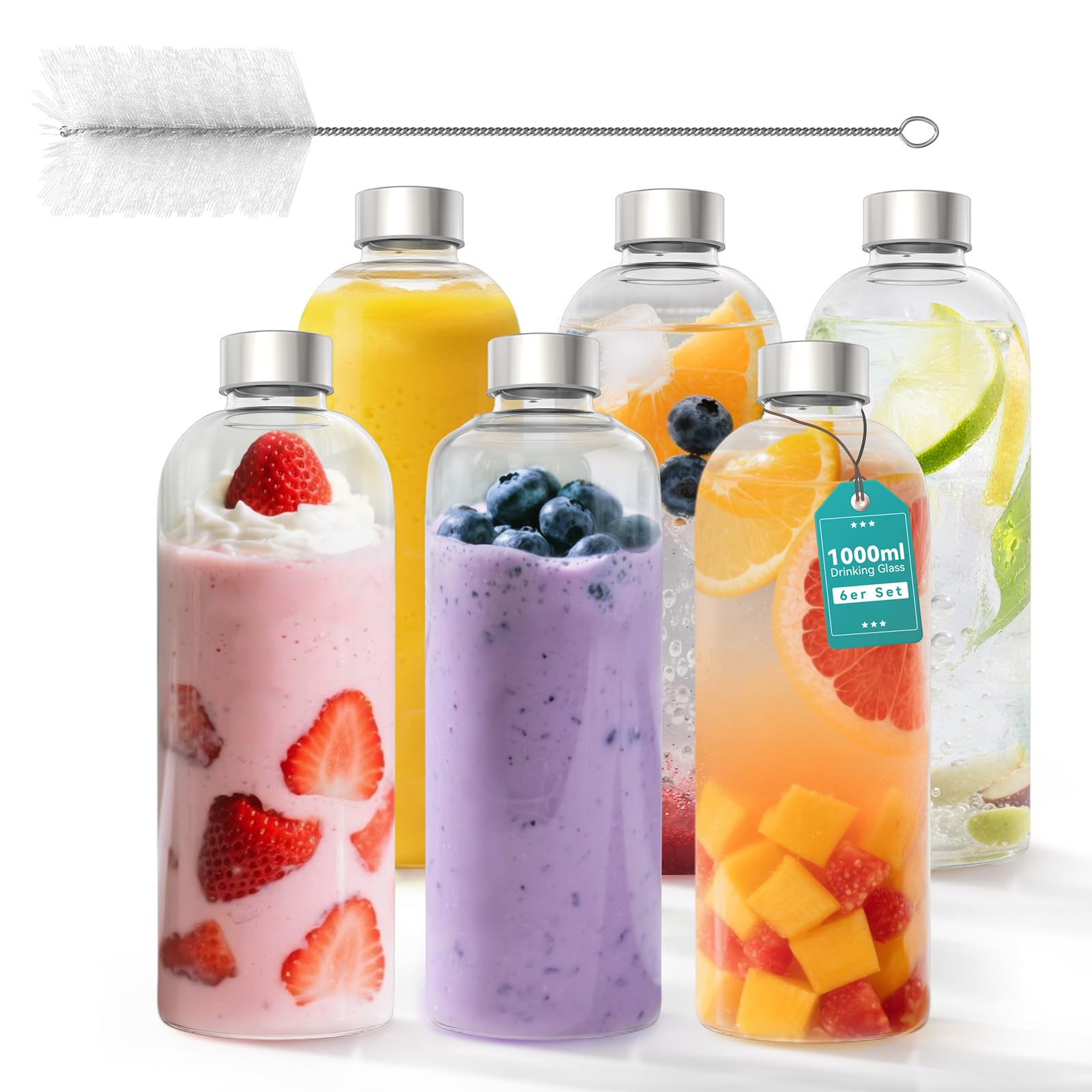 ACXIN 6er Set Glas Trinkflaschen 1000ml aus Borosilikatglas Wasserflaschen mit Edelstahldeckel & Reinigungsbürste spülmaschinenfest, hitzebeständig & auslaufsicher für Büro & Zuhause