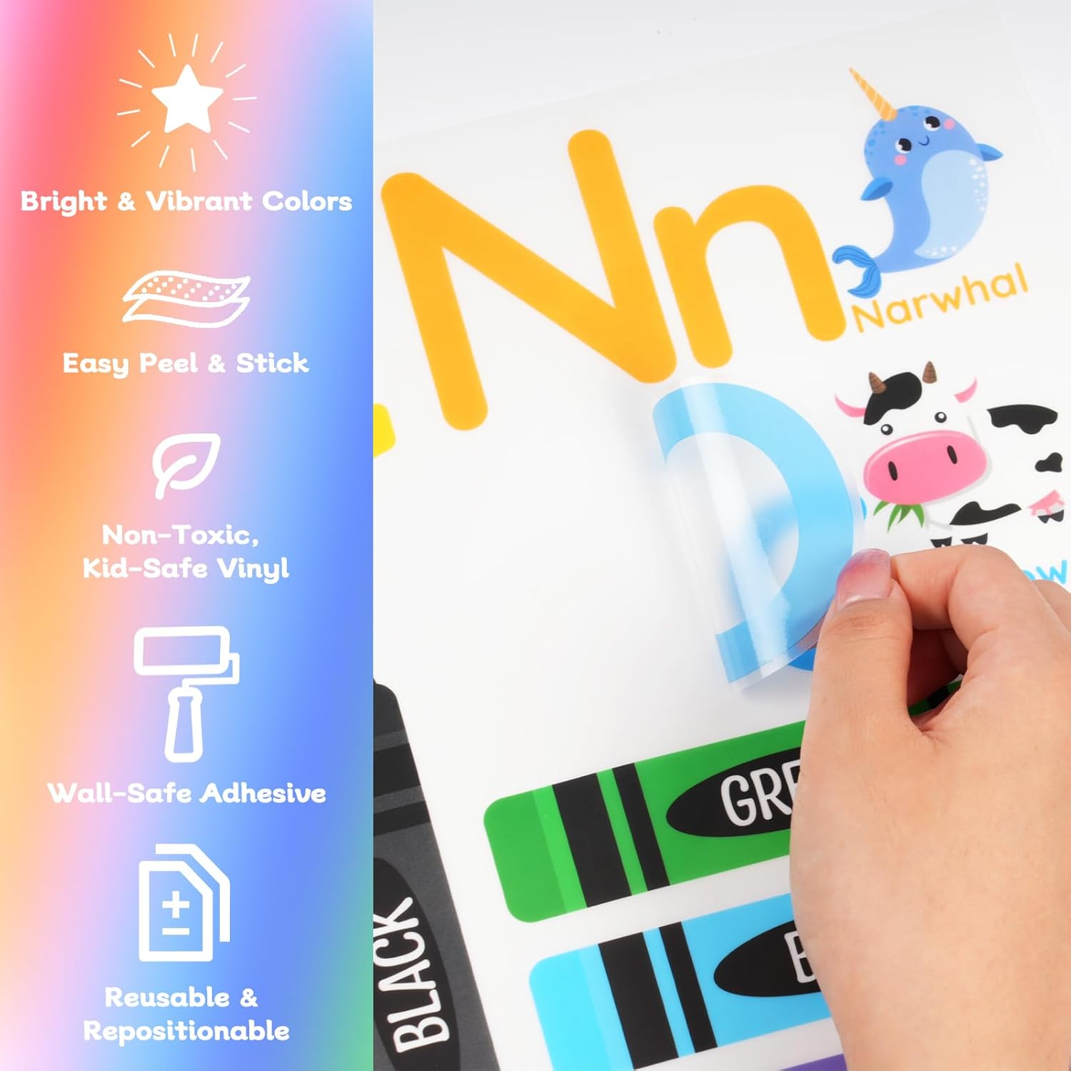 AOWDIAO Learning Wall Decals for Kids - Peel and Stick Alphabet, Numbers, Colors & Animals - Classroom, Nursery and Playroom Educational Decor
