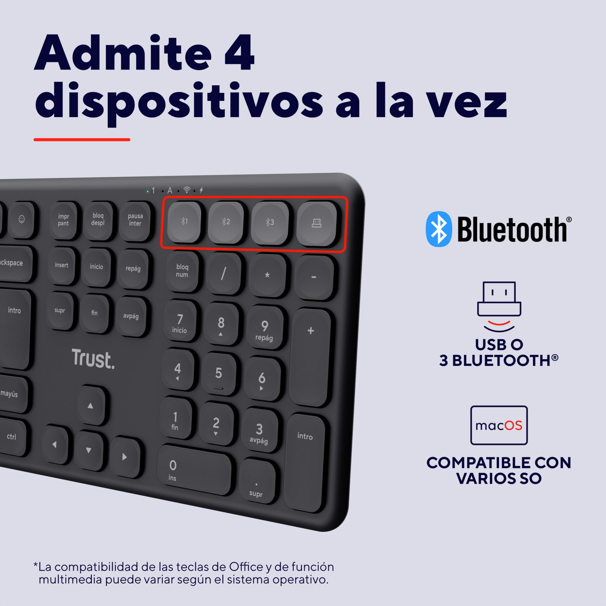Trust Vaiya Teclado Inalámbrico Bluetooth + 2.4 GHz QWERTY Español, Teclado Bluetooth Multidispositivo Recargable con Numpad, 55% Plástico Reciclado, Windows iOS iPadOS macOS Android, Negro