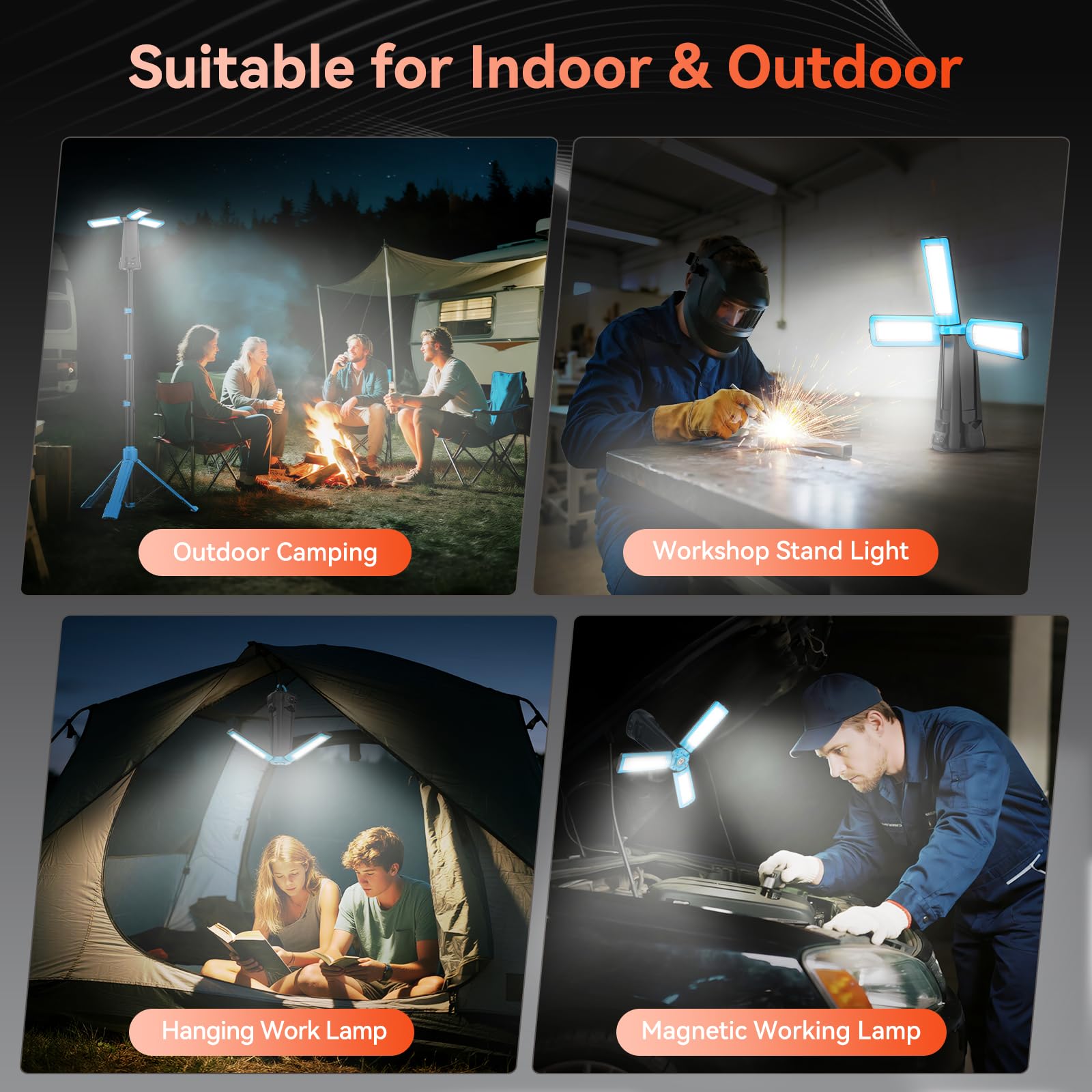 Luce di campeggio ricaricabile 15000mAh con il supporto, luce senza cordone del lavoro, blu | Lanterna da campeggio con 3 teste di lampada a LED, 5500 lumen, torcia di emergenza con treppiede staccabile da 218,4 cm