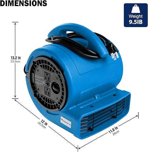 Miniatura 2 de MOUNTO Ventilador Air Mover de 1/5 hp de 800 cfm, ventilador de secado de pisos, motor de aire compacto de 3 velocidades con doble salida, cable de