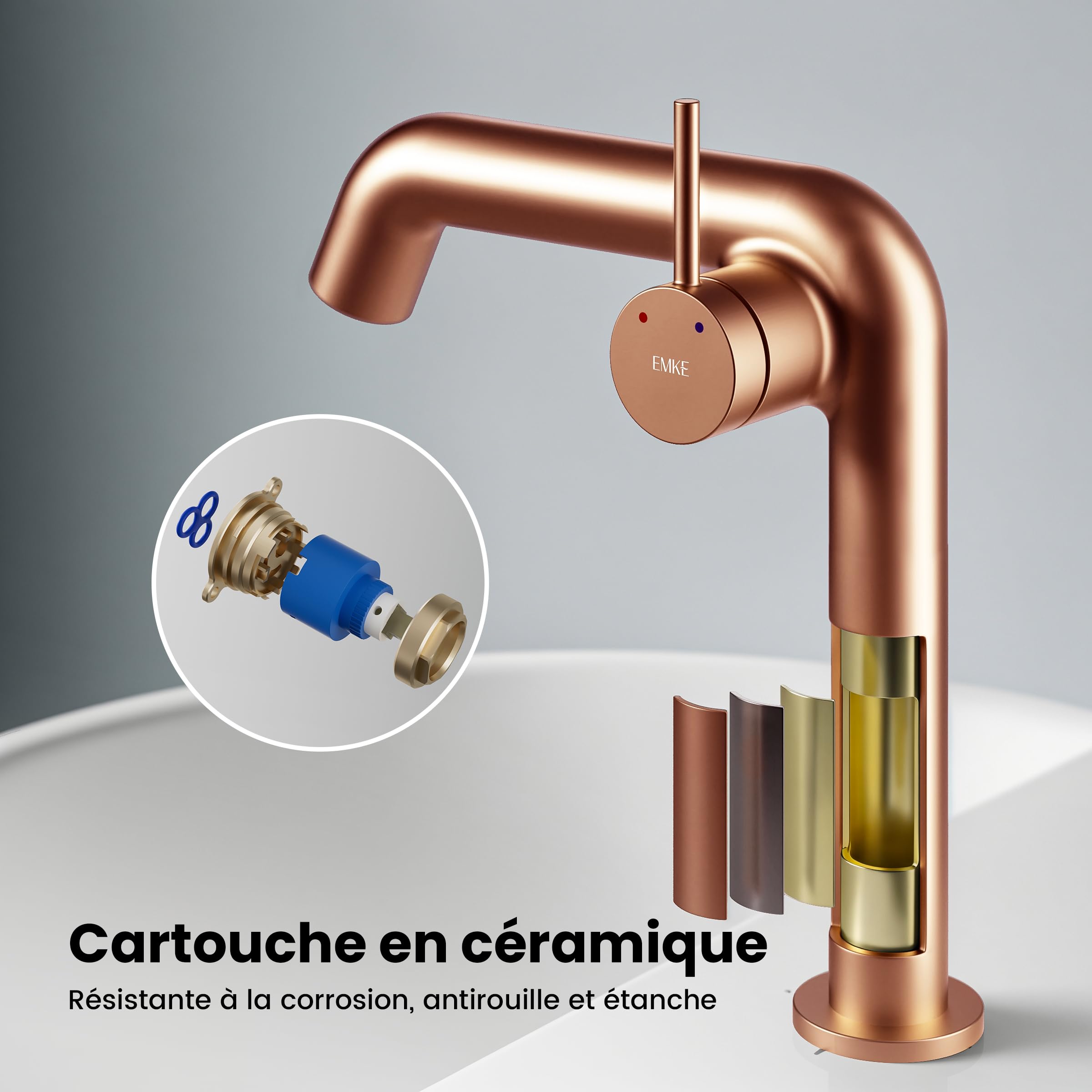 EMKE - Mezclador monomando de latón, oro rosa, 222 x 200 x 76 mm | Grifo de baño,Instalación sencilla,Grifo de lavabo,Cartucho de cerámica