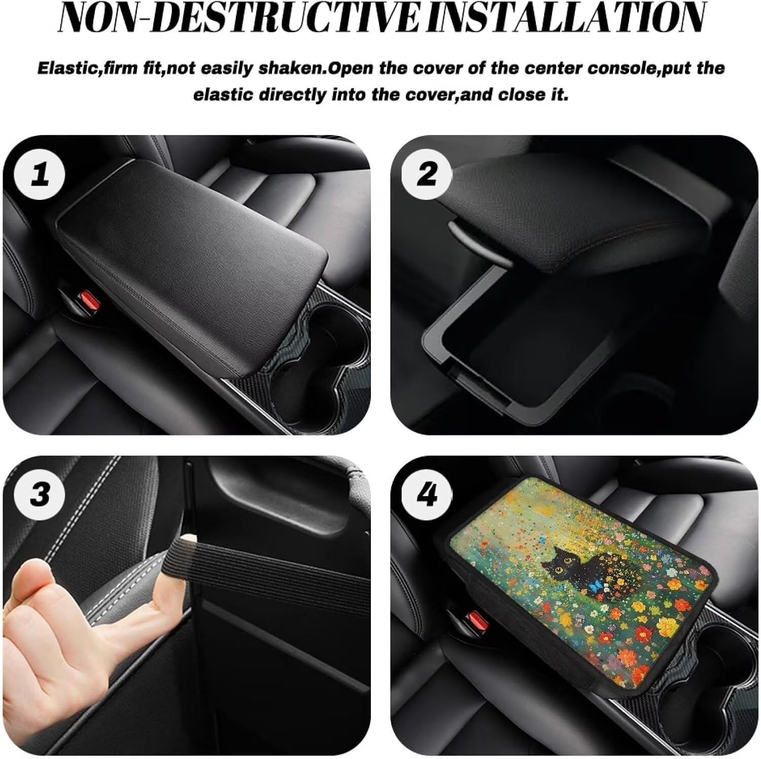 Car Armrest Box Pad, Colorful Oil Painting Flower Bush Black Cat Pattern Soft Dirt-Resistant Car Center Console Cover with Two Storage Pockets, Comfortable Automotive Interior for Most Vehicles image 5