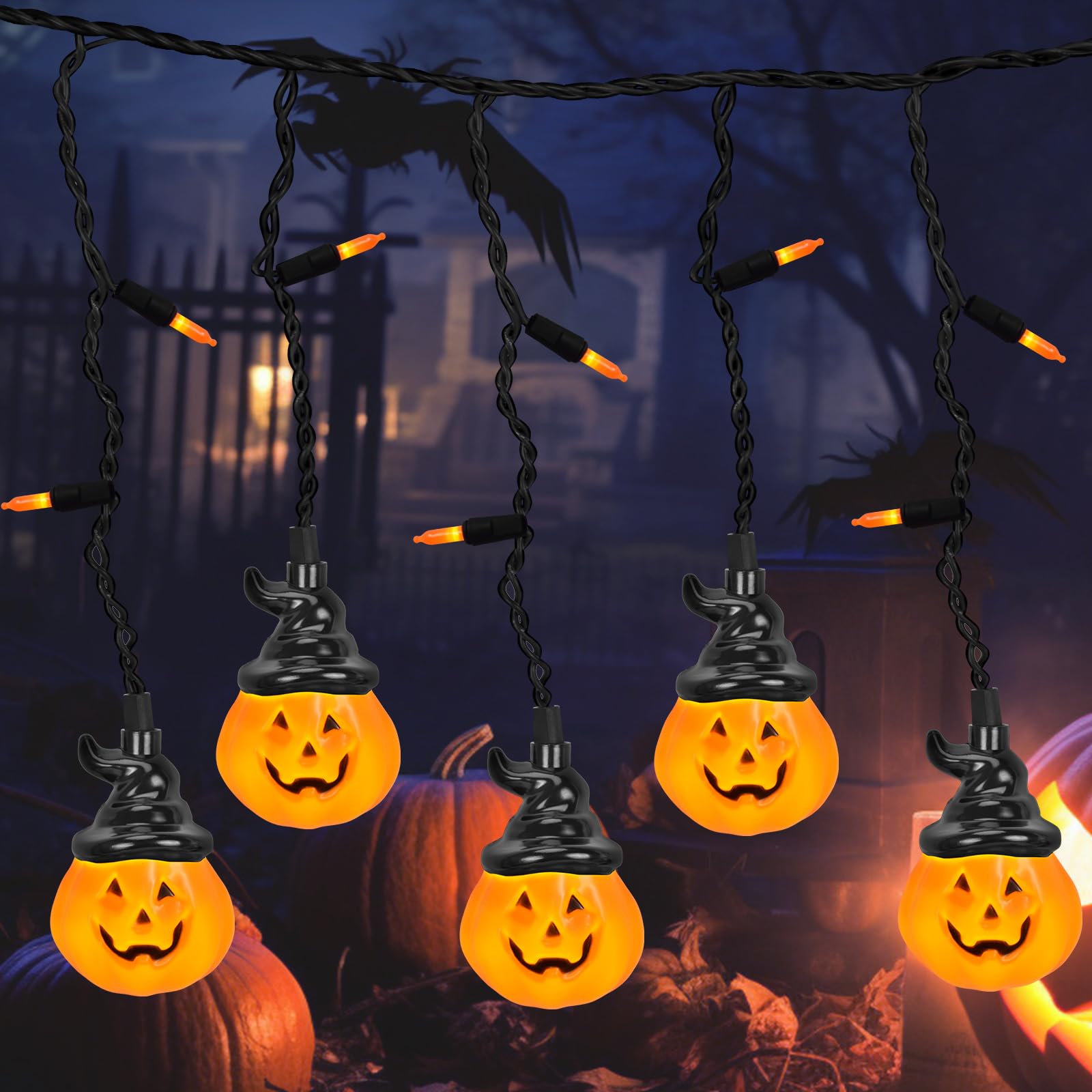 7FT Halloween Pumpkin Curtain Lights, Halloween LED String Lights with 10 Witch Hat Pumpkin Lights and 15 Mini Orange Lights for Indoor Outdoor Halloween Christmas Decorations - Black Wire
