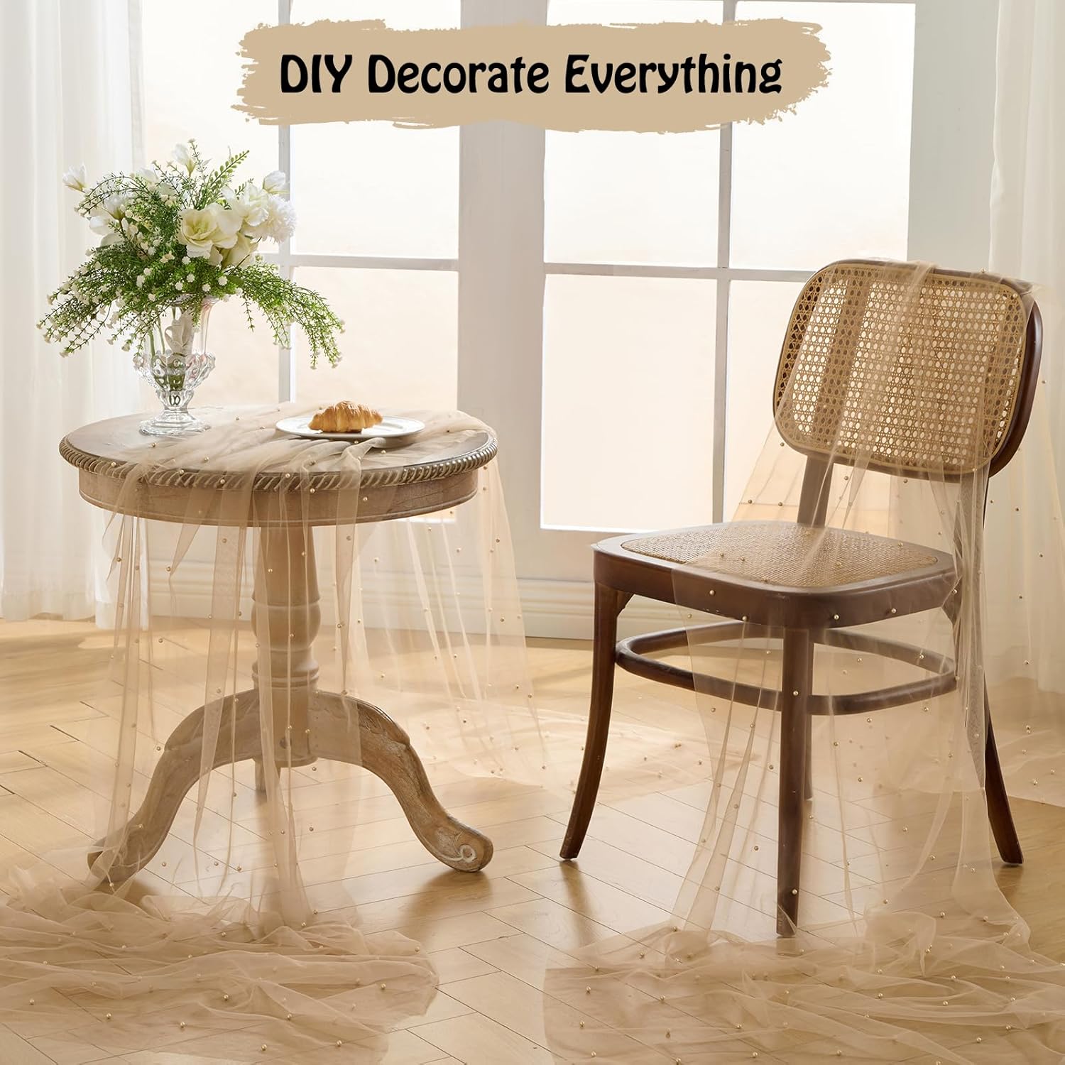 Fanami 6 Pack Pearl Table Runner -10FT Nude Boho Tulle Table Runners 120 Inches Long Rustic Sheer Lace Fabric Centerpieces for Wedding Arch Birthday Party Bridal Veil Baby Shower Decorations