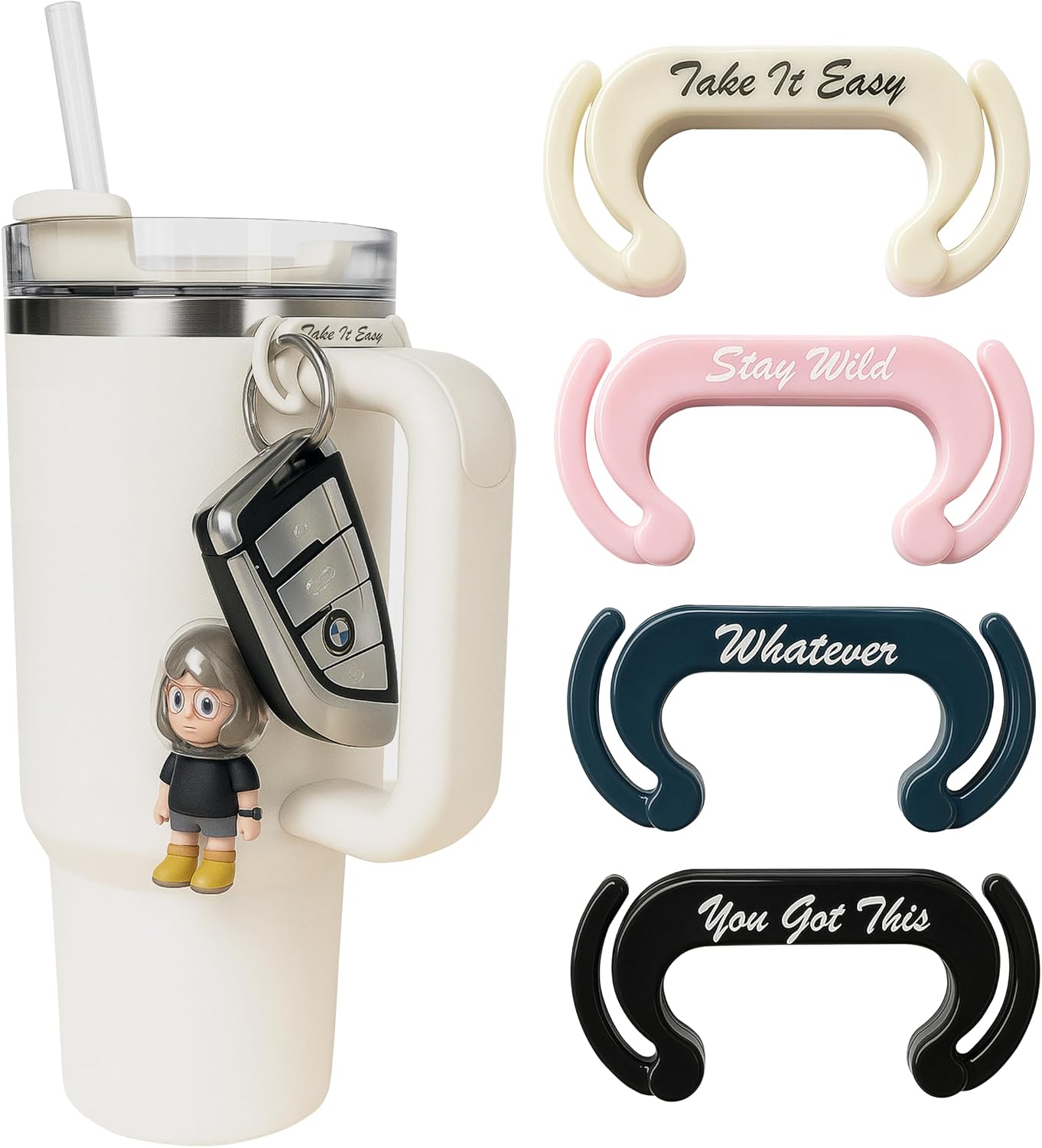 Personalized Stanley Cup Accessories, 4 Pcs Key Charm Holder for Stanley 40oz/30oz H2.0 Tumbler, Double-Sided Hook Detachable Handle Clips