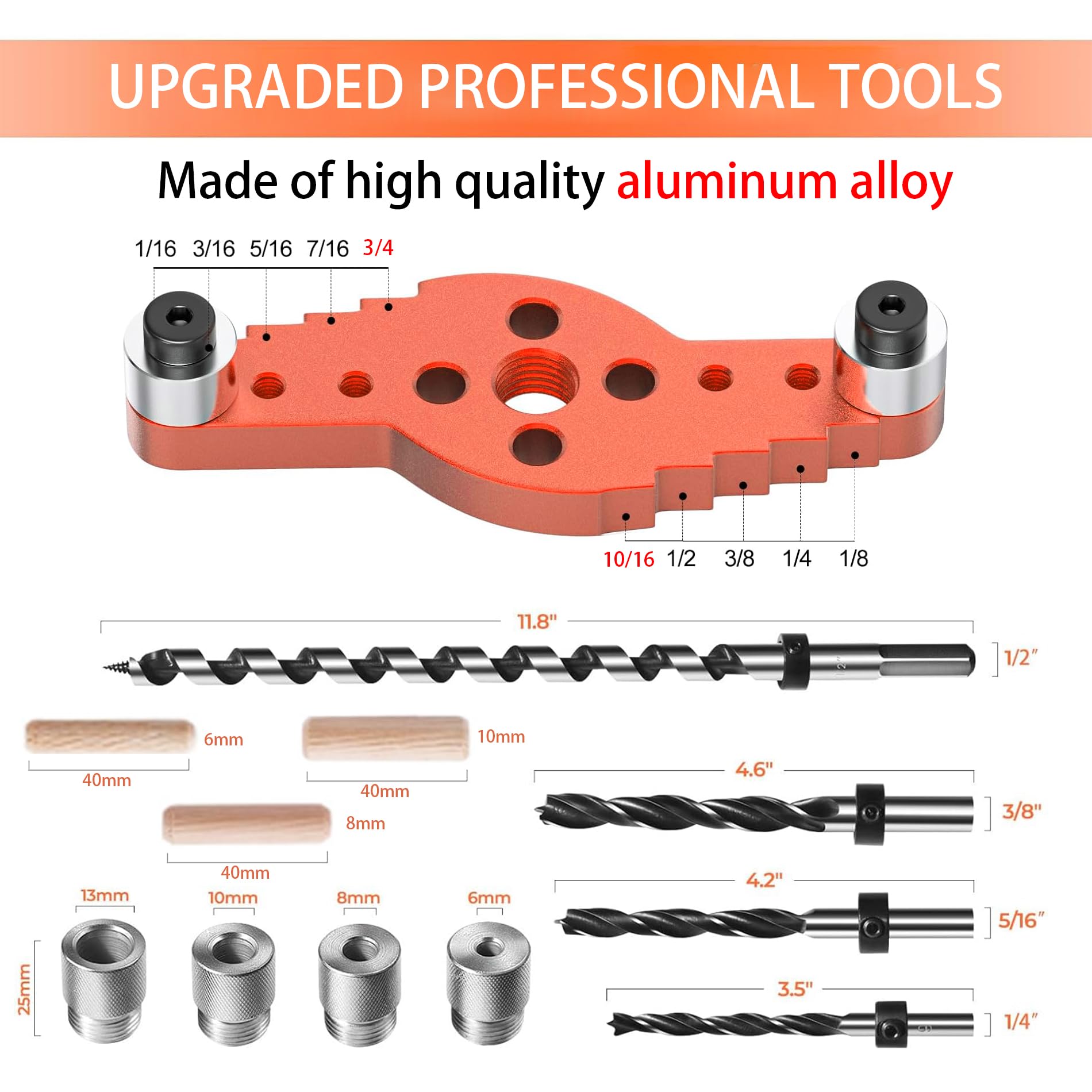 Kit de plantilla de clavija para soporte de estante flotante (broca de 1/2 x 11.8 pulgadas), trazador autocentrante (broca de 1/4 pulgadas, 5/16 pulgadas, 3/8 pulgadas), guía de taladro para soportes