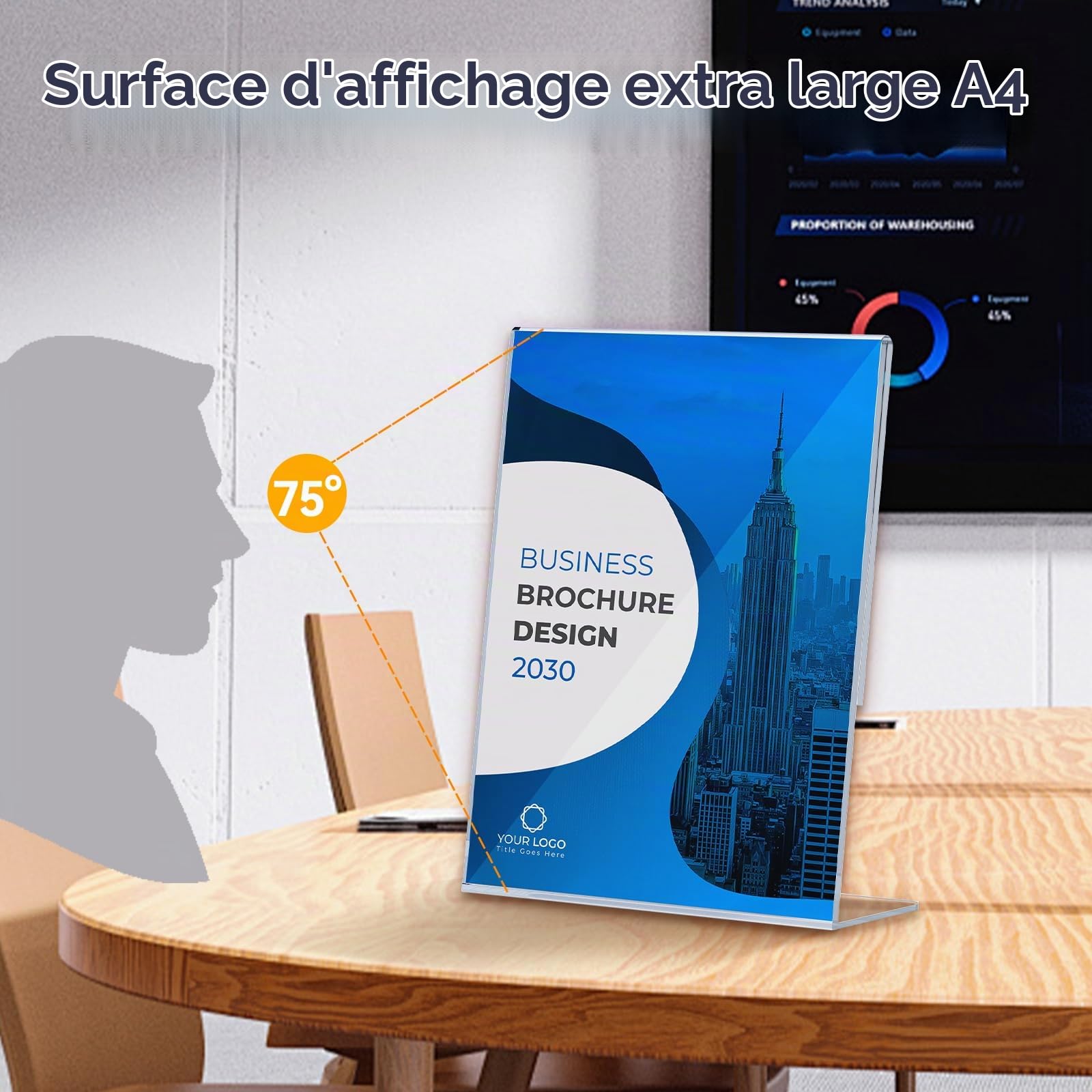 Porte Affiche A4, 4 Présentoirs Flyer Acrylique, Porte Documents A4 Incliné Transparent, Porte Nom Table pour Restaurant, Bureau, Magasin, Comptoir