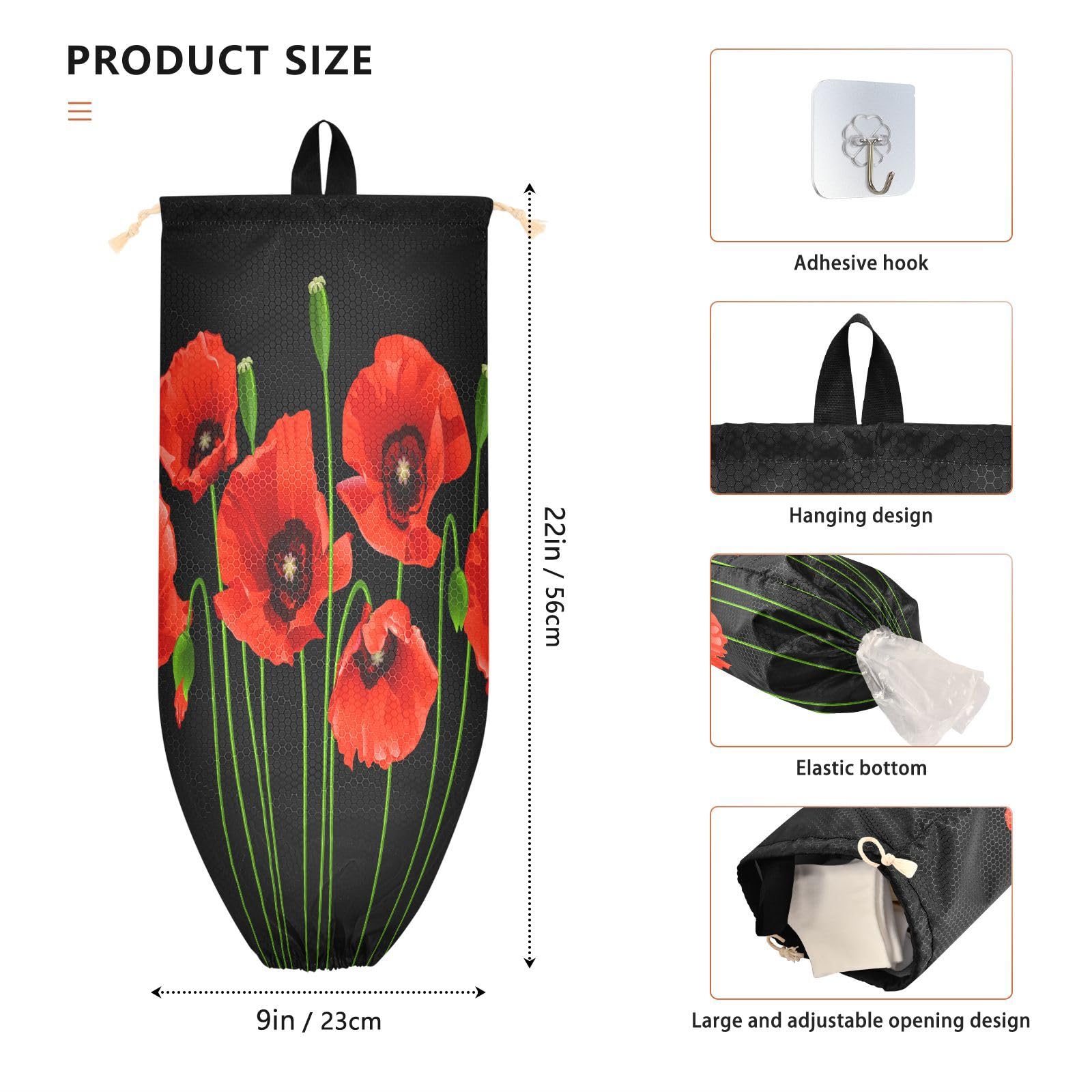 Porta sacchetti di plastica da appendere con bellissimi fiori di papavero per la spesa, organizer da cucina con papaveri rossi, sacchetti di plastica per la spazzatura e la spesa, per la decorazione