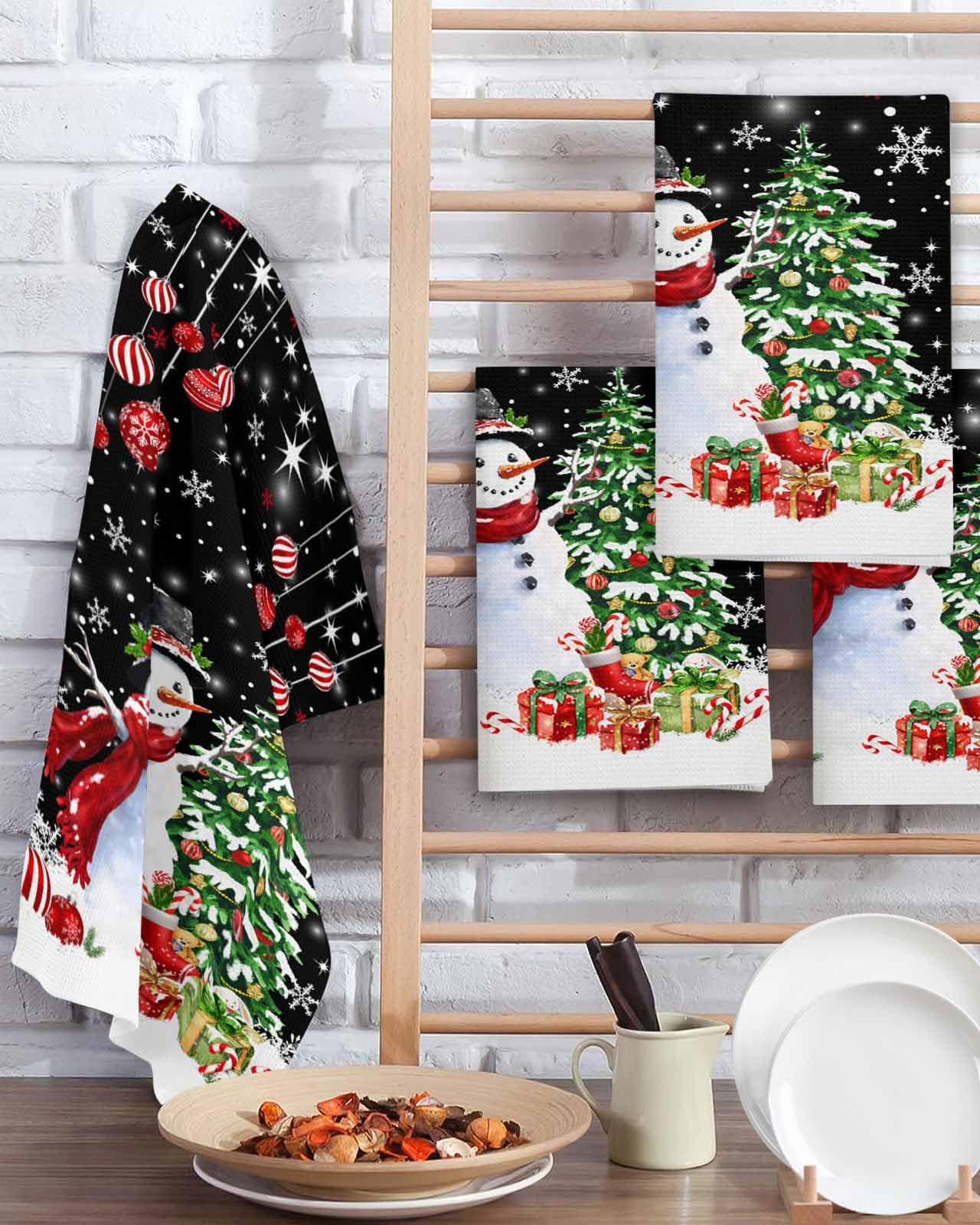 Hokiten Snowman Black Christmas Waffle Kitchen Towels Dishcloths, Xmas Tree Balls Snowflake Absorbent Dish Towels | Hand Towels for Bathroom/Bar, 16 x 24 Inch, 4 Pcs