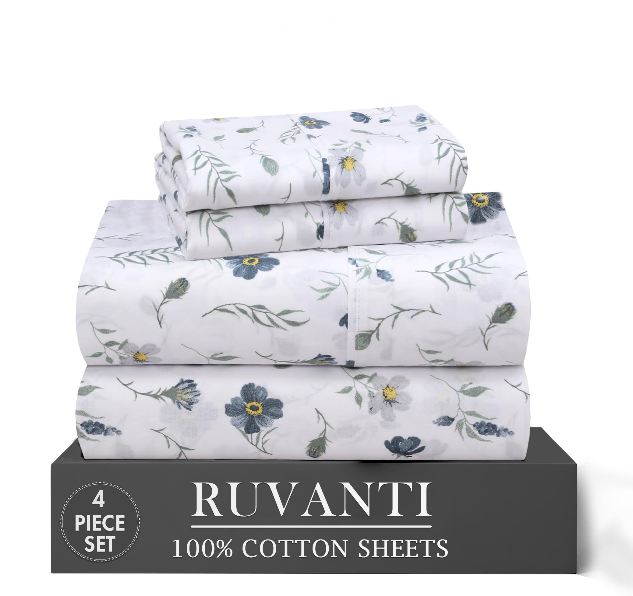 RUVANTI 6 Pcs Cotton Sheets - 100% Natural Cotton Soft, Lightweight & Breathable Crispy Percale Bed Sheets, King Size Sheets Set 16" Deep Pockets, Coastal Blue