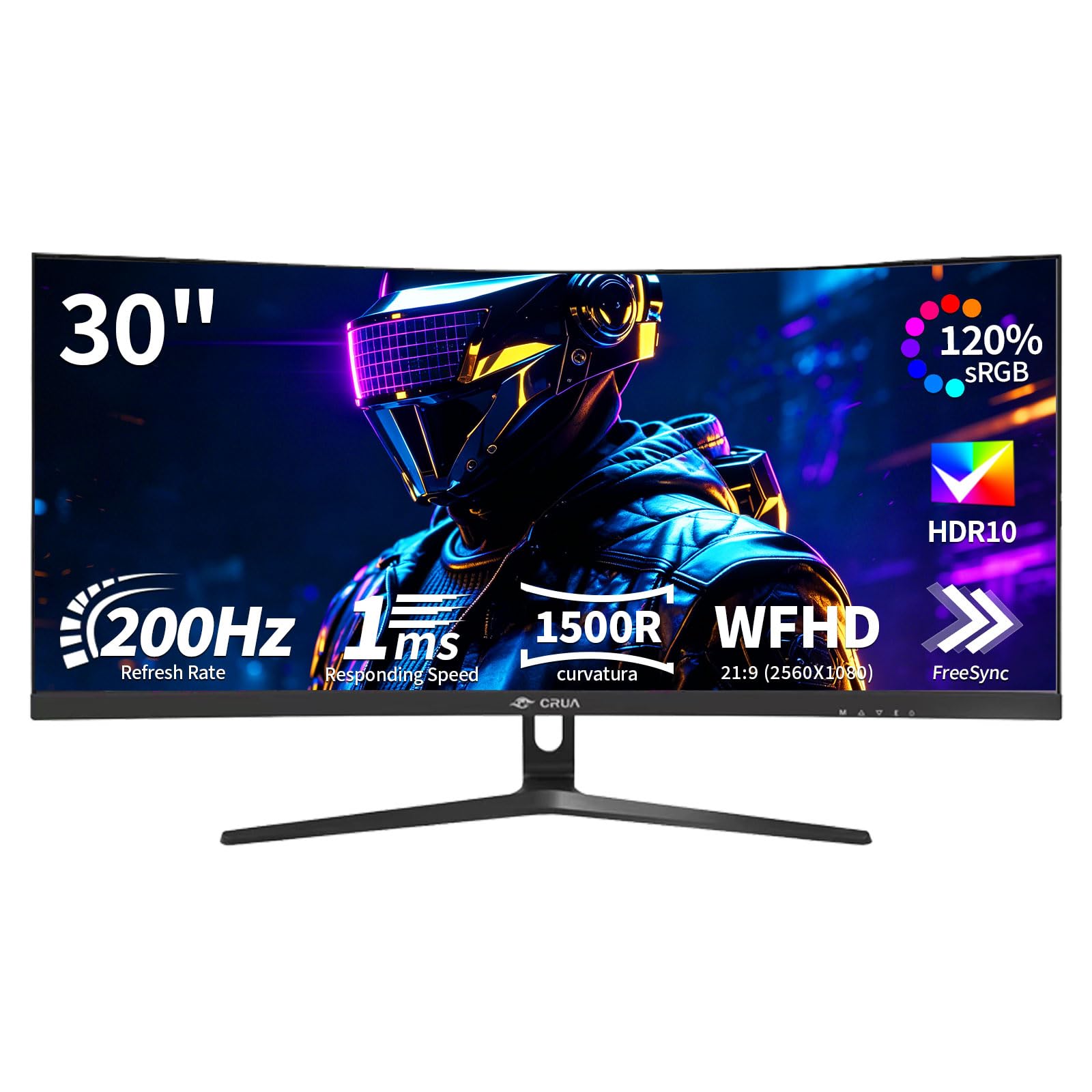 CRUA Monitor gamingowy, 30", ultraszeroki 21:9, zakrzywiony 200 Hz, zakrzywiony monitor WFHD 2560 x 1080 VA 1500R, FreeSync 1ms, Dual HDMI DP, kompatybilny z PS5 PC, VESA 100 x 100, możliwość