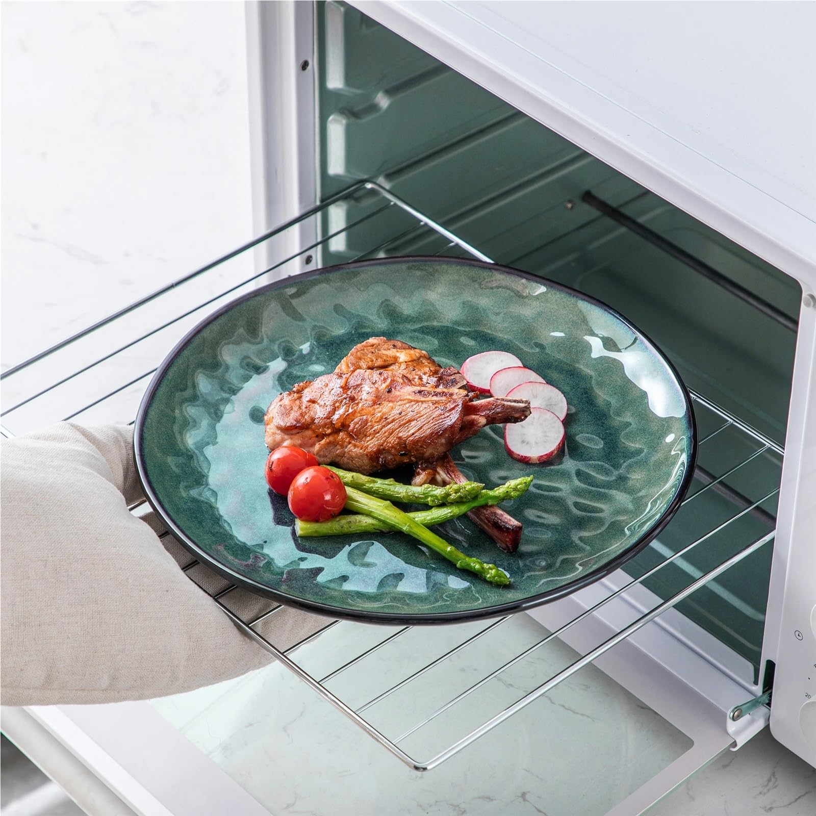 vajilla completa Juego de vajilla con esmalte horno verde estrellado | Vajilla esmaltada en rojo y verde con plato llano, plato de postre, cuenco y taza(48-PCS GREEN)