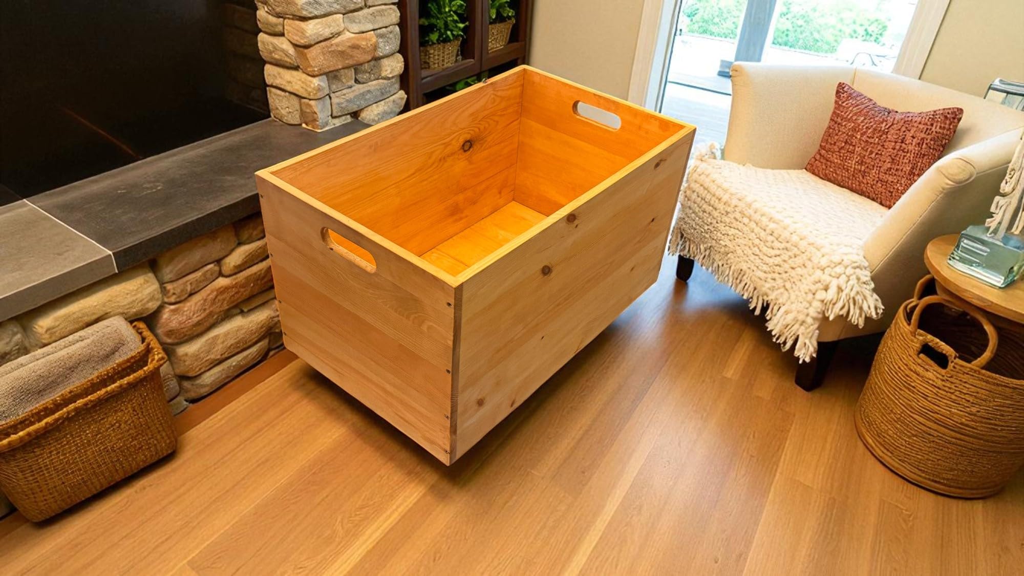 weeco Holz-Aufbewahrungstruhe mit Rollen, 73 x 45 x 40 cm, Kiefernholz, Eichenfarbe, Multifunktionale Lagerkiste für Kaminholz, Spielzeug, Decken