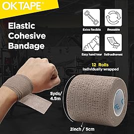 OK TAPE 12 Rolls Self Adhesive Bandage Wrap, Elastic Athletic Tape, Self Stick Bandage Tape, Vet Wrap, Medical Wrap for Wrist, Feet, 2 x 5 Yards - Brown