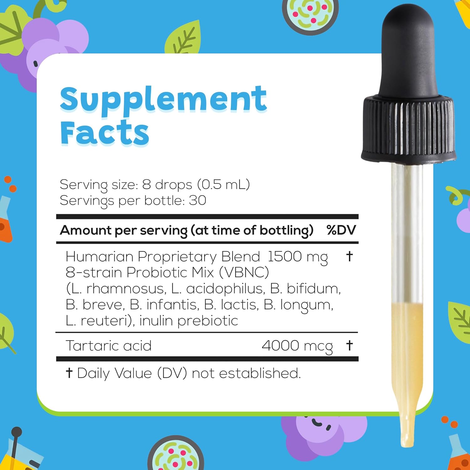 Probonix Humarian for Kids Aged 1-9 Years Old - High Bioavailability Liquid Probiotics - Superior 8-Strain Probiotic Drops to Fortify Gut Health, Immunity & More - 30-Day Supply, Tasty Grape Flavor