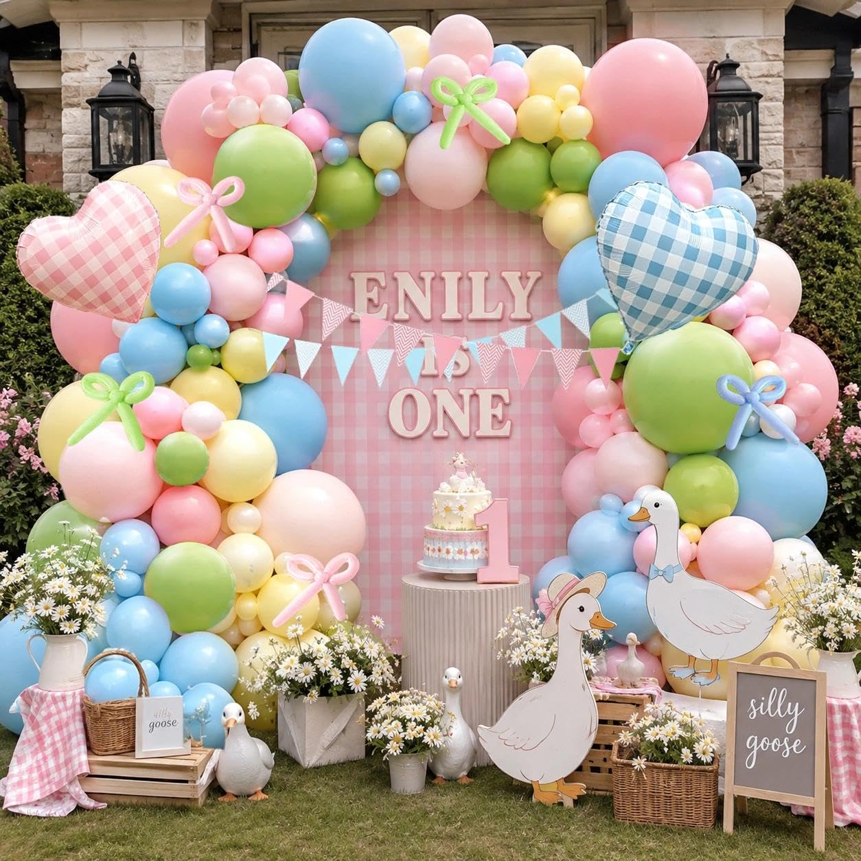 Kit de arco de globos rosa claro, verde, azul, doble relleno, amarillo pastel, rubor, rosa, globos de corazón con banderín, pancarta para baby shower, revelación de género, cumpleaños, decoración de