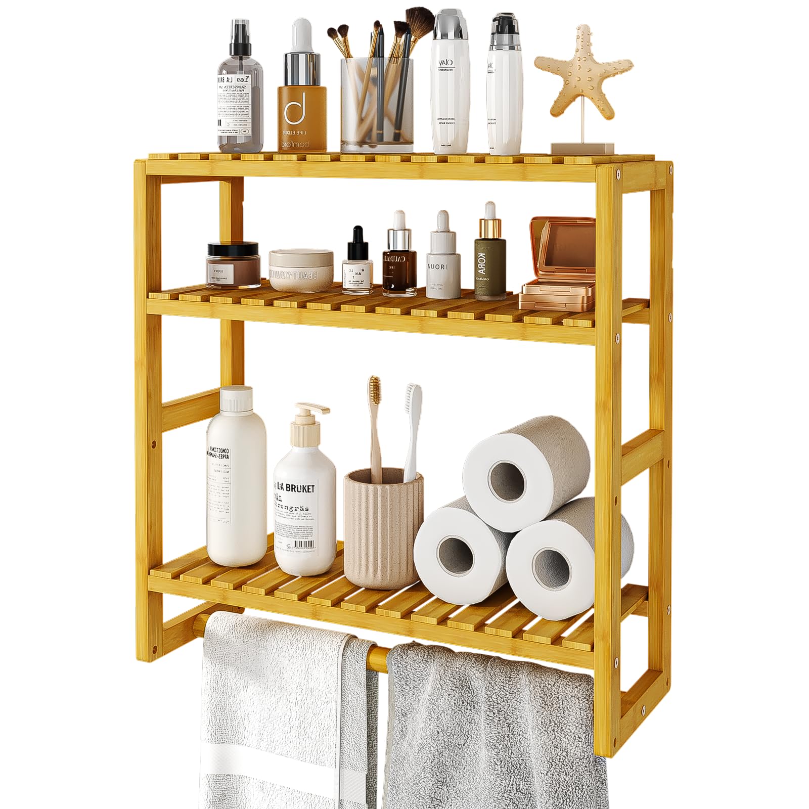 Galood Over The Toilet Storage Bathroom Shelves Wall Mounted 3 Tier Space Saver Corner Shelf Organizer Bamboo Towel Rack Toilet Paper Cabinet with