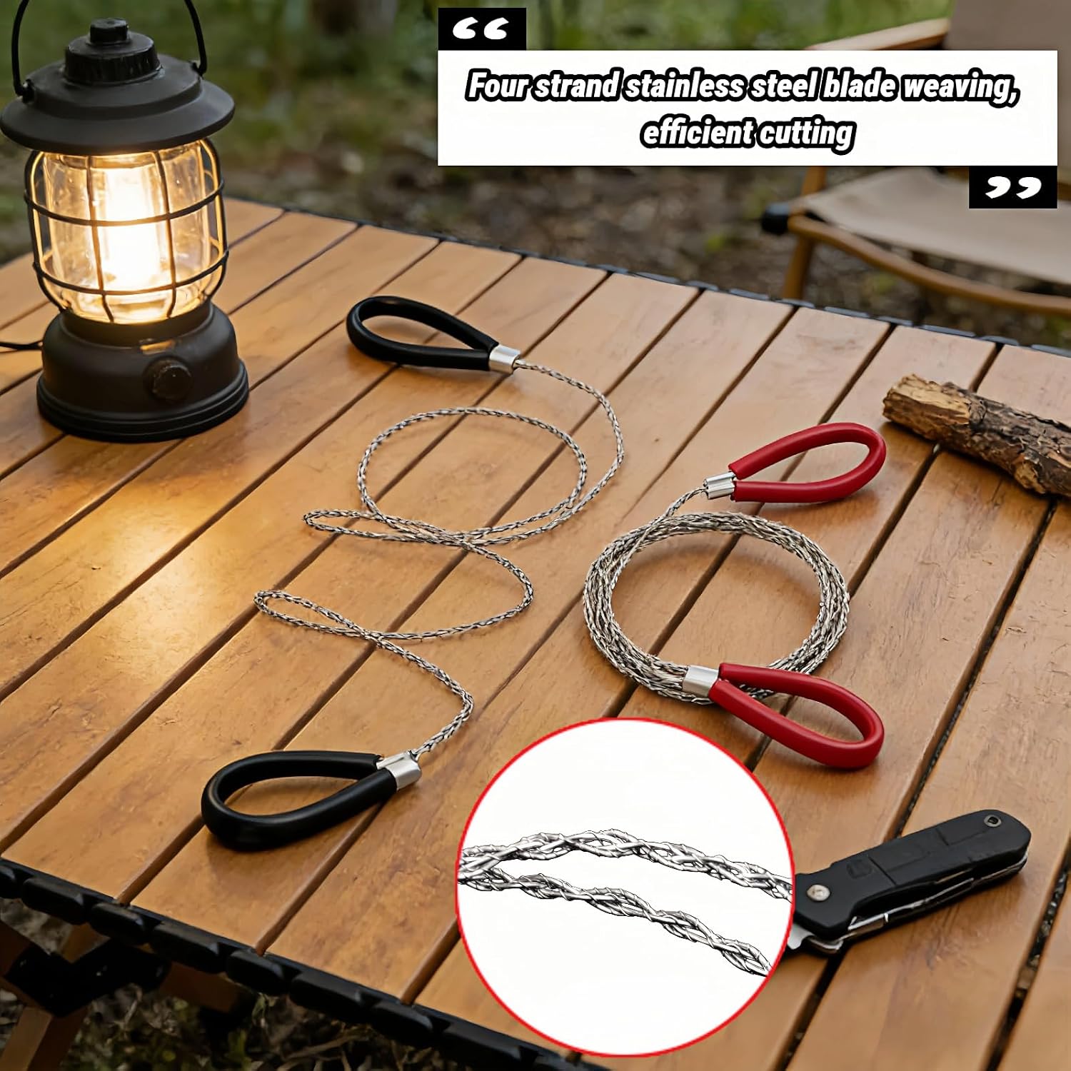 Stainless Steel Wire Saw 2 Pack, 30 Inch Heavy Duty Cable Saw for PVC Pipe Cutting, Survival Saw for Camping Hiking Hunting, Portable Emergency Rope Saw with Rubber Handle, Red & Black