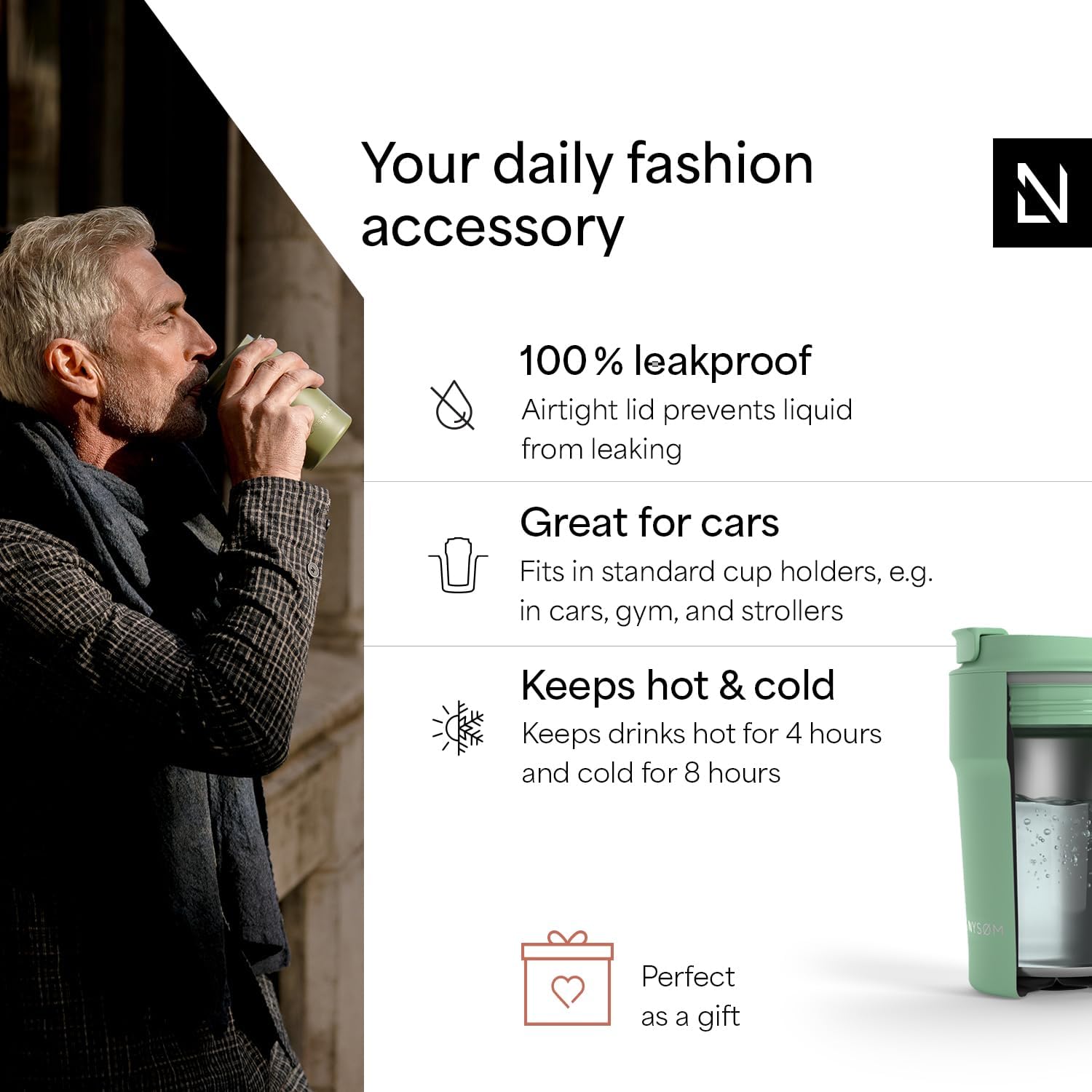 LARS NYSØM Thermo Coffee Mug to go 13oz | Travel Mug 0.38 Liter with Insulation | Leak Proof Stainless Steel Thermal Tumbler for Coffee and Tea on the Go (Mint Green, 12.9oz) - Image 2