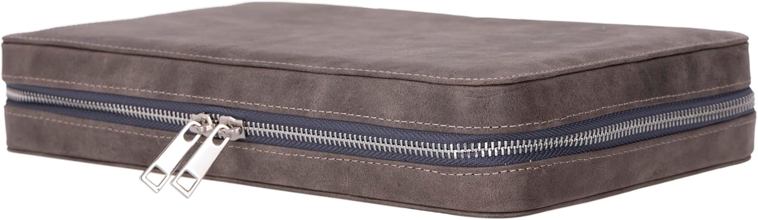 Genuine Leather Cable Organizer Case – Holds Up to 12 Cords, Pens & Accessories – Zippered Travel Pouch for Home, Office & Work Bags – 18x28x2.5 cm – Stylish & Durable (Gray)